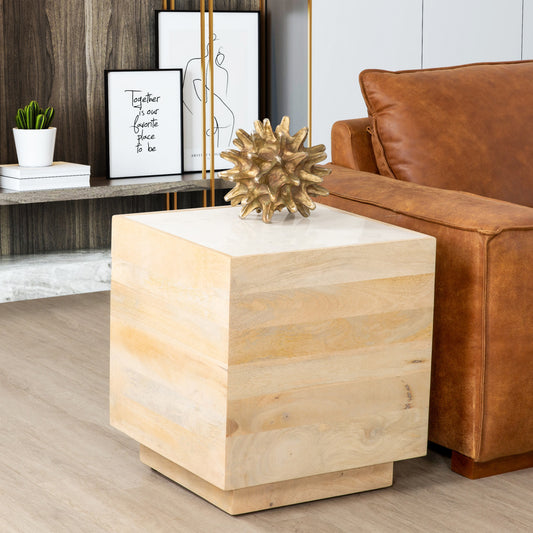 Gasha Square Solid Wood End/Side Table with Marble Top, Modern Living Room Sofa Side Table, Light Brown