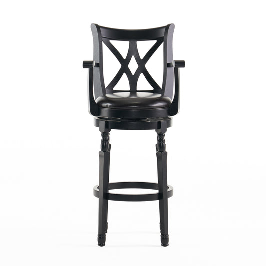 Renly Transitional Swivel Bar Stool with Leather Seat & Solid Wood Frame, Black