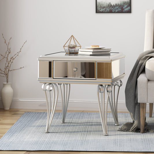 Everly Mirrored Side Table with Silver Legs