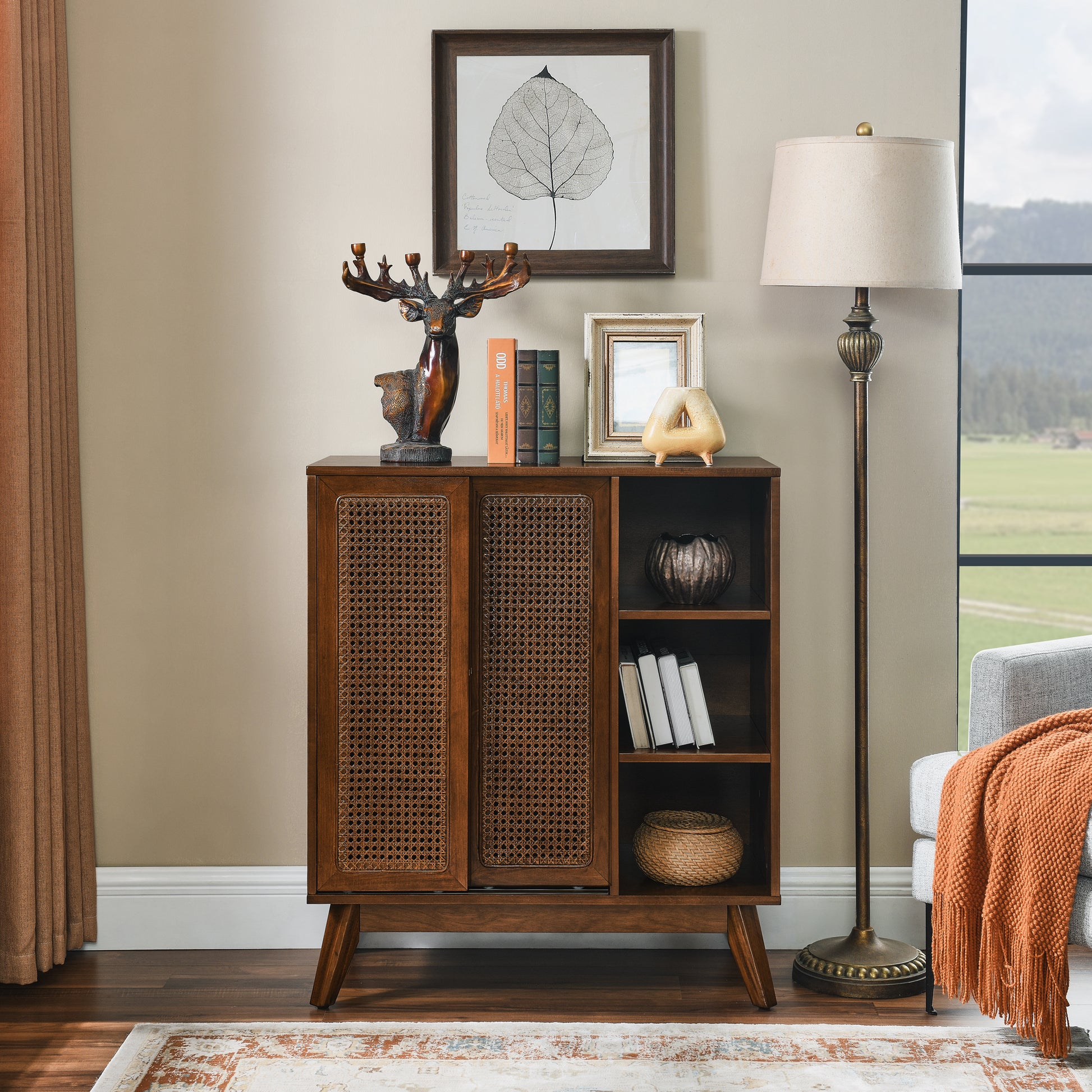 Margot Mid-Century Modern Cabinet in Dark Walnut with Rattan Doors