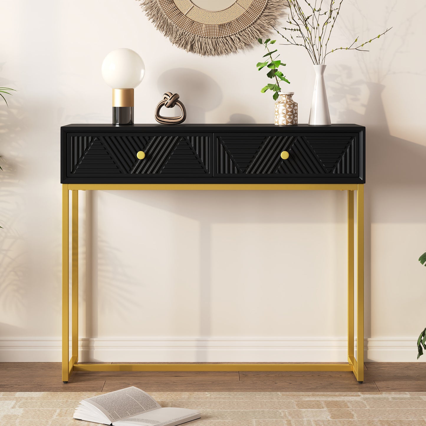 Jessalyn Modern 2-Drawer Console Table with Gold Legs, Black