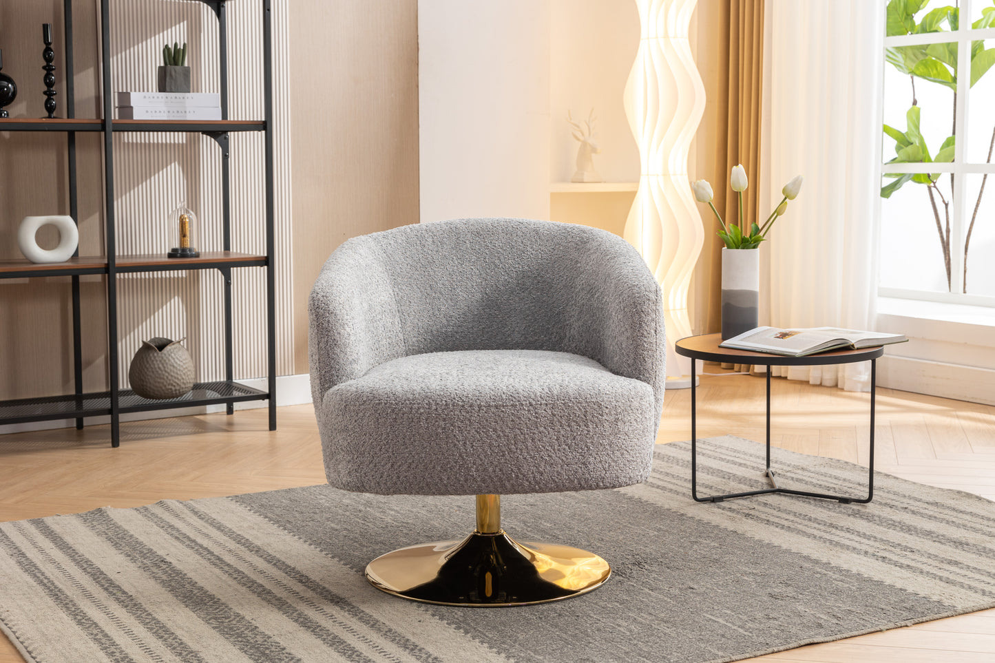 Chenille Fabric Light Grey Accent Swivel Chair With Gold Metal Round Base