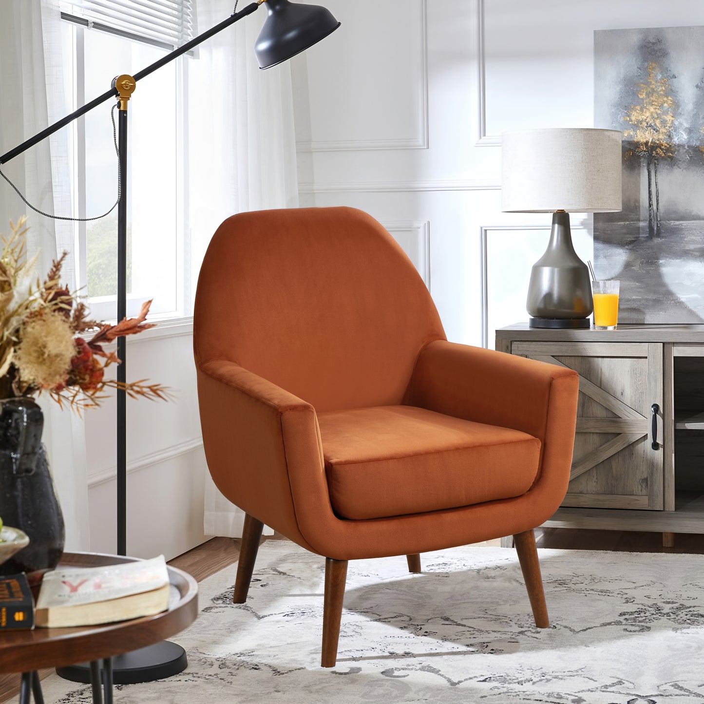 Astrid Mid-Century Burnt Orange Velvet Arm Chair