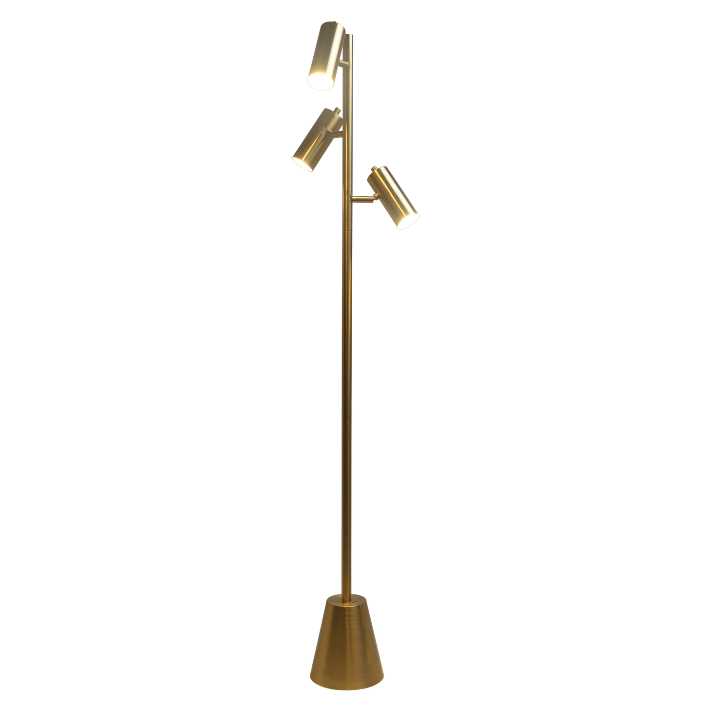 Lumina Brassed Gold Floor Lamp with Rotary Switch Triple Spots Metal Cone Base