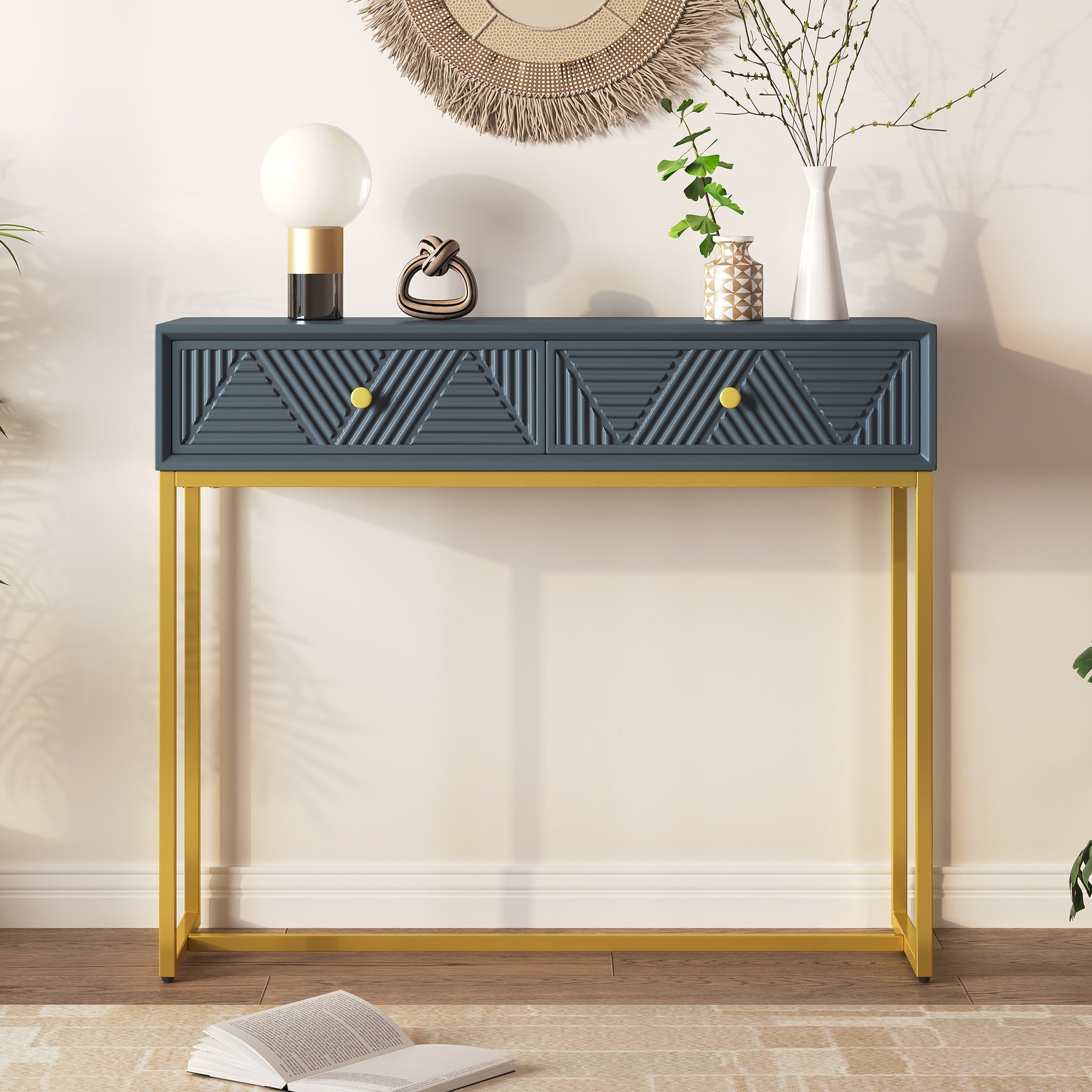 Jessalyn Modern 2-Drawer Console Table with Gold Legs, Gray