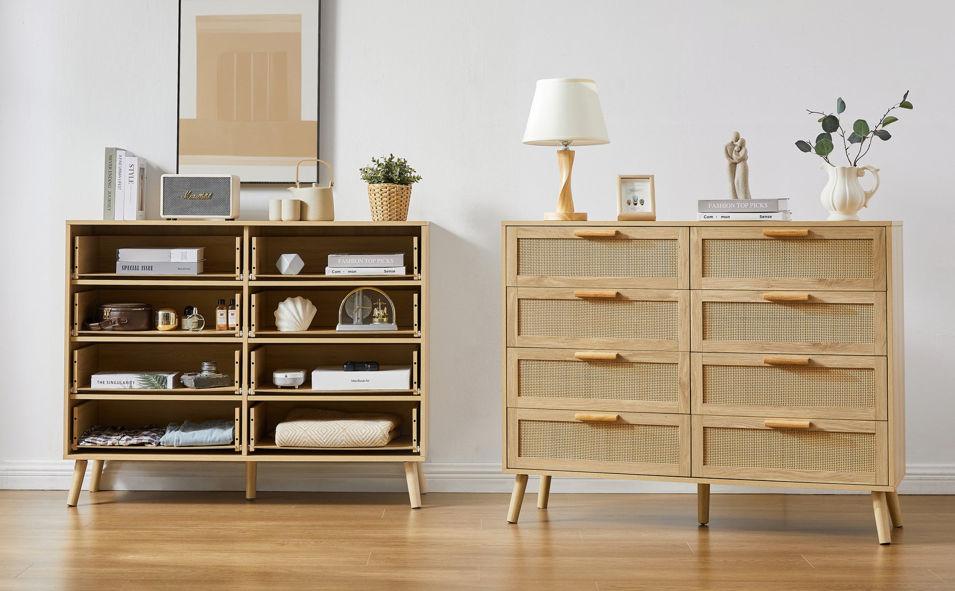 Stevens 8-Drawer Double Dresser in Natural with Rattan Doors