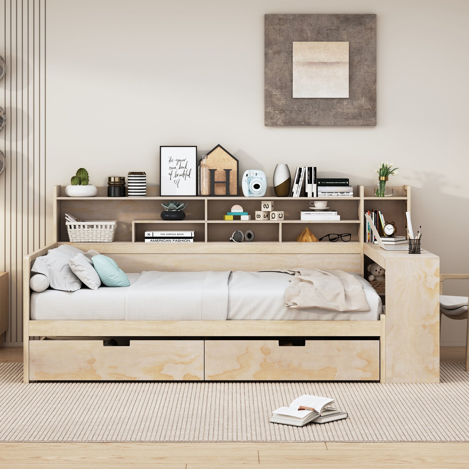 Zephyra Full Size Wooden Bookcase Daybed with Storage Trundle,Natural