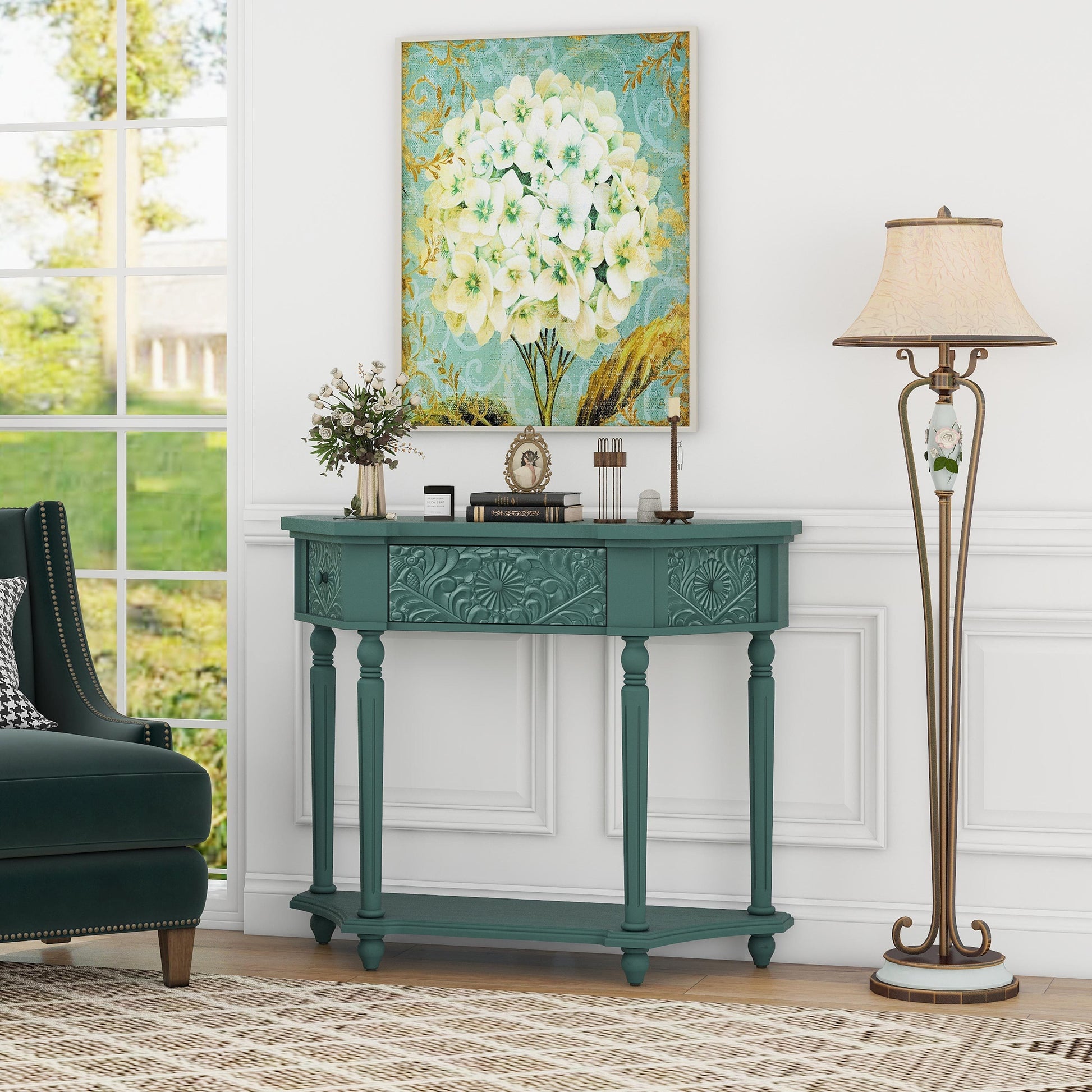 Leslie Traditional Console Table with Carved Detail, Green