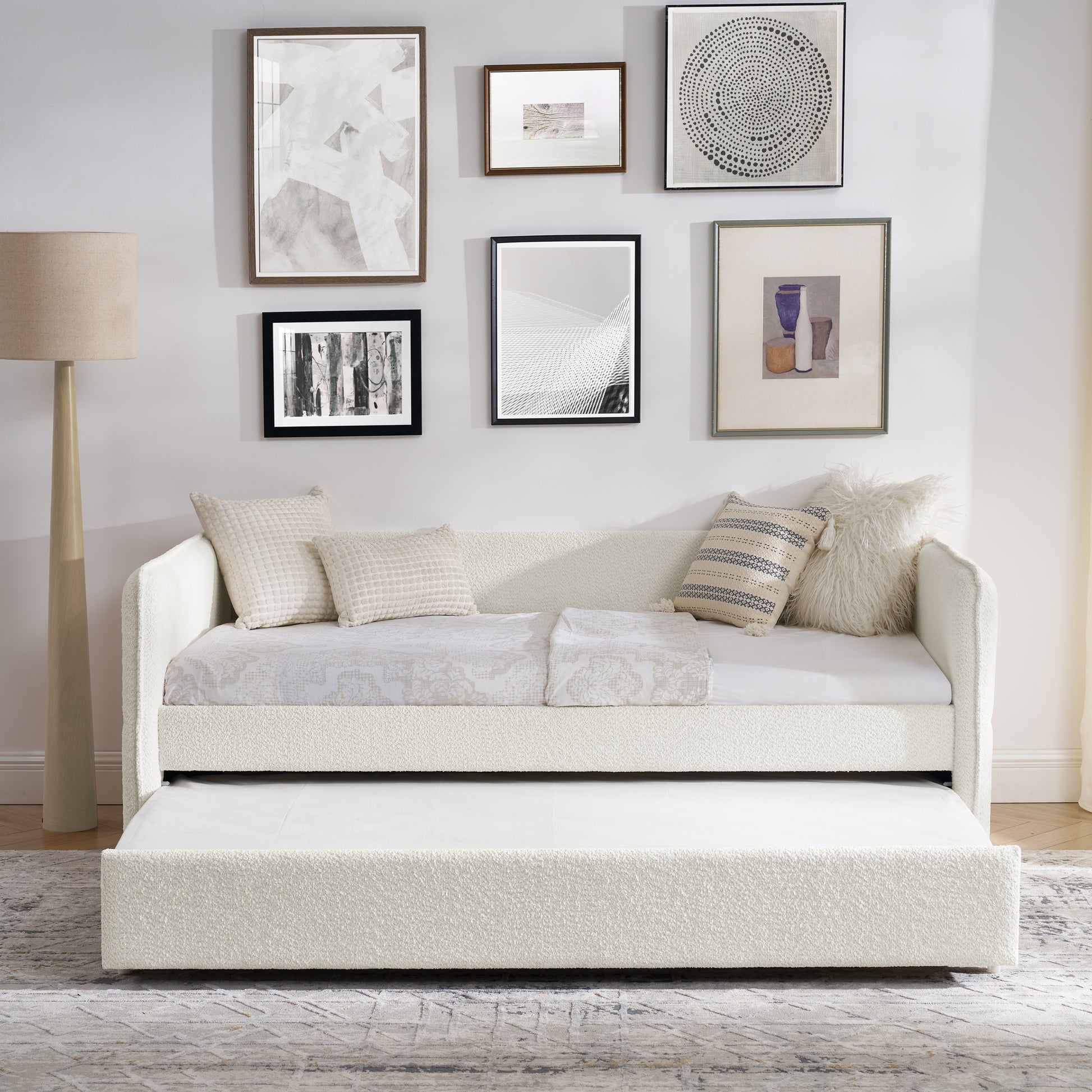 Tellis Twin Size Beige Boucle Daybed & Trundle Set