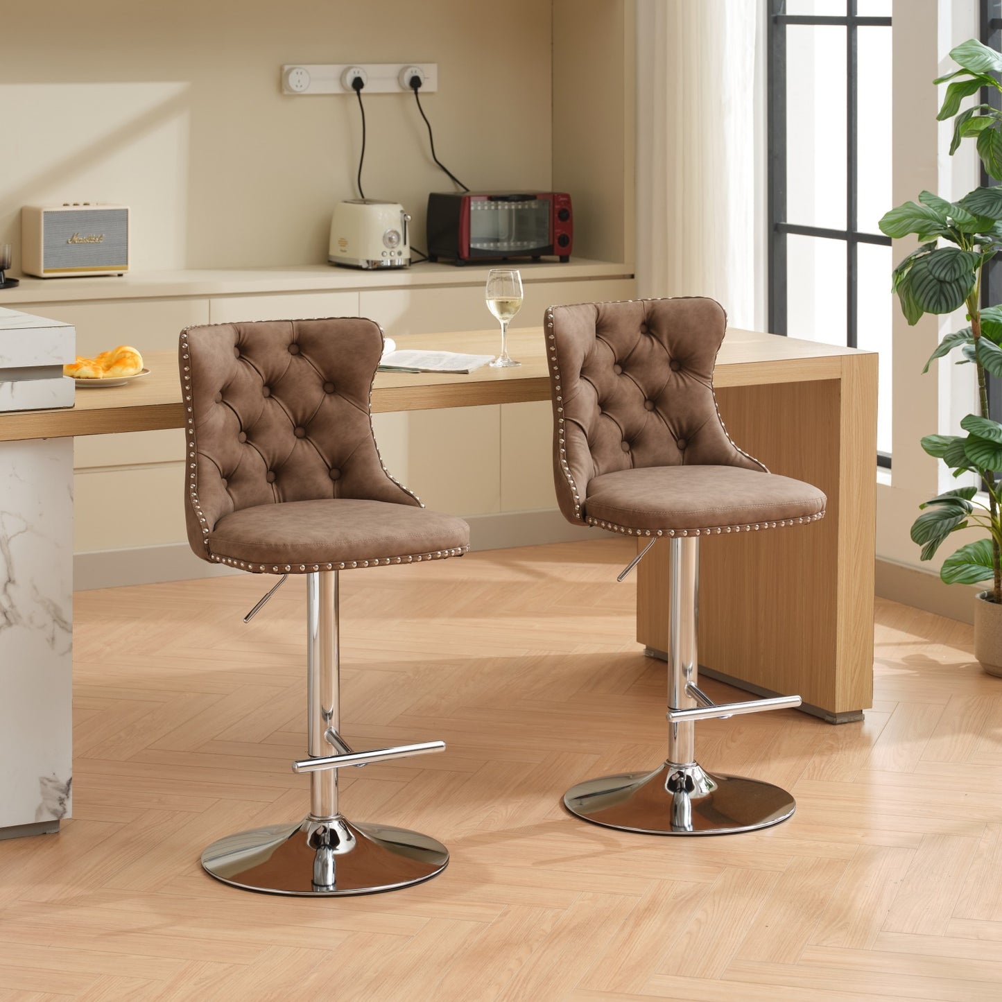 Kit PU Leather Adjustable Height Bar Stools Set of 2 Brown