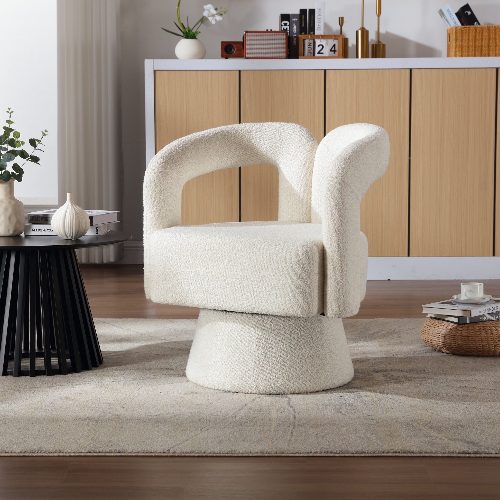 Coolmore Versatile Comfort Beige Boucle 360° Swivel Cuddle Barrel Accent Chair