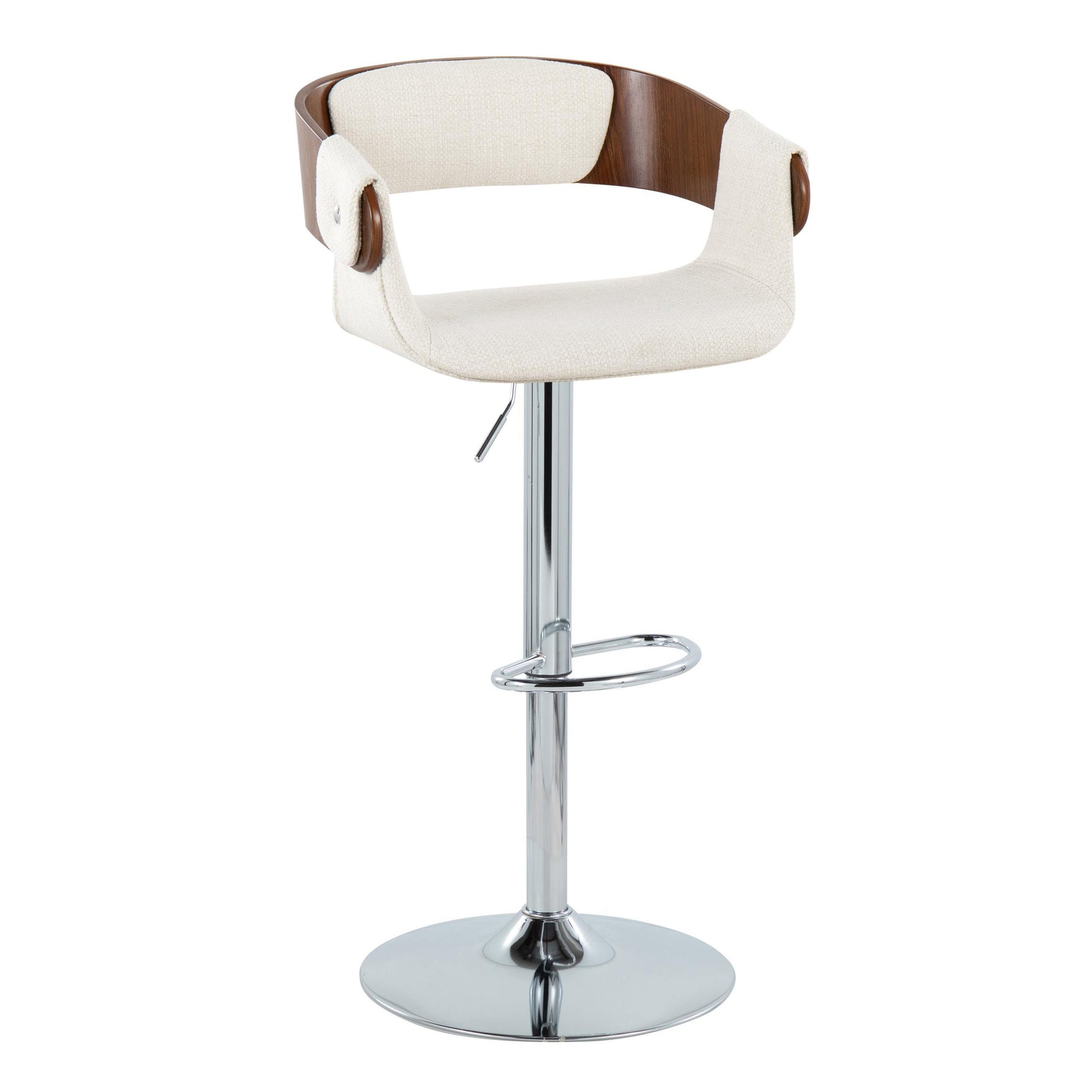 Elisa Mid-Century Modern Adjustable Barstool with Swivel in Chrome Metal, Walnut & Cream Set of 2