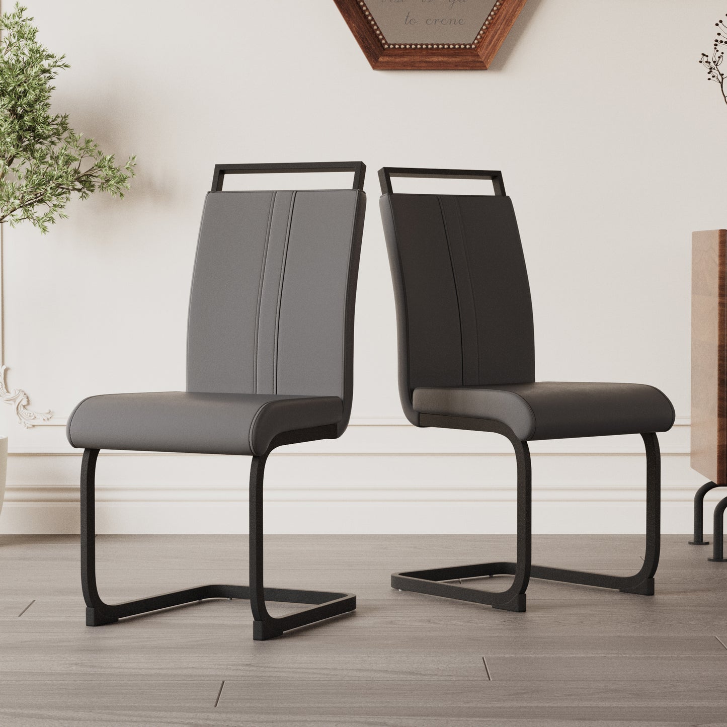 Astrid Modern PU Leather Side Chairs with Black Legs Set of 2 , Gray