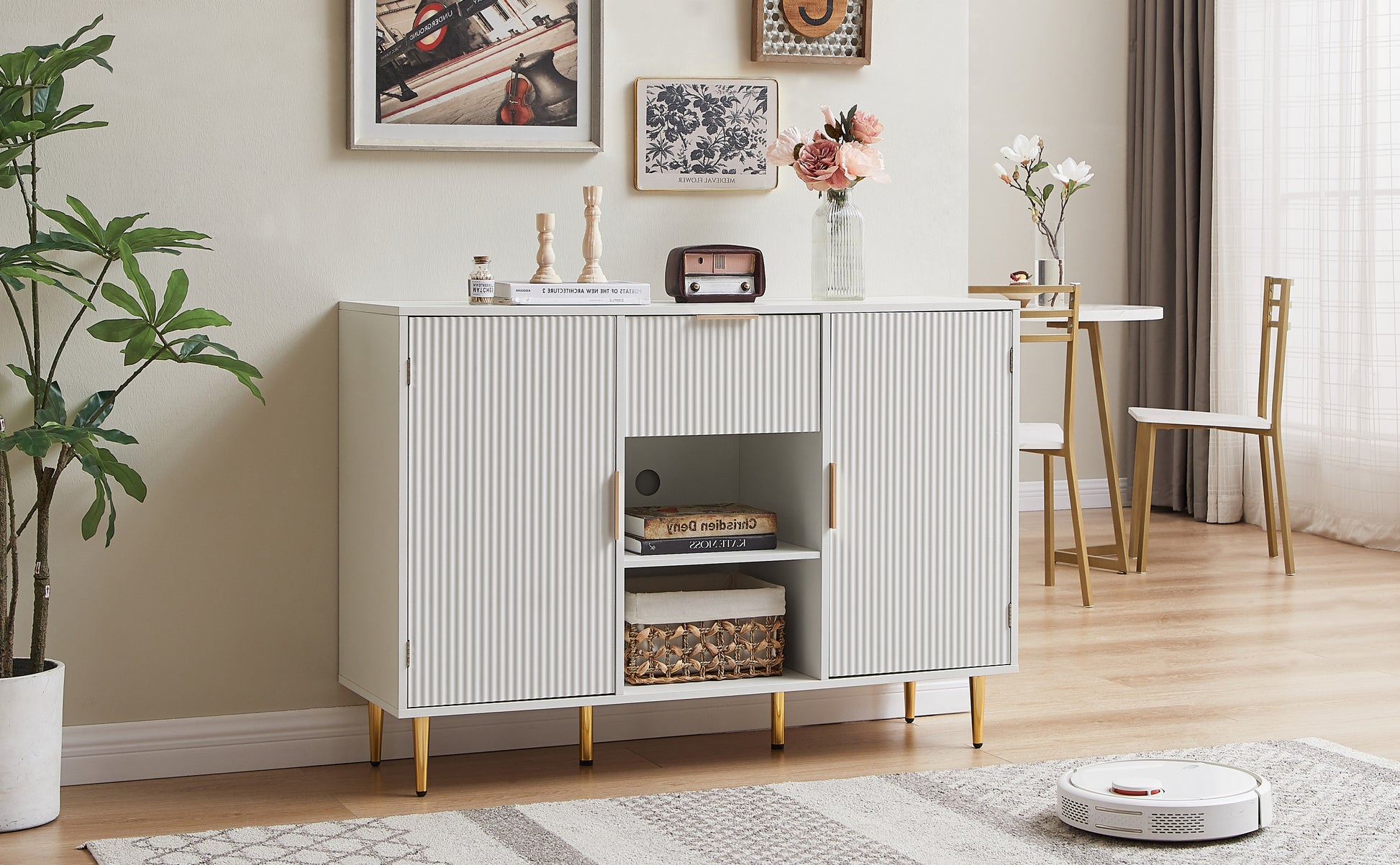 Louis Modern White Wave Pattern Accent Cabinet with Gold Legs