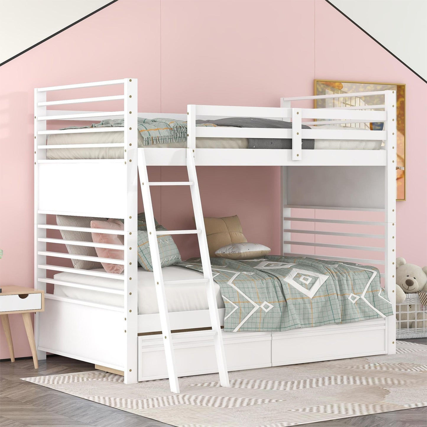 Rachel Twin over Twin Wood Bunk Bed with Two Drawers - White