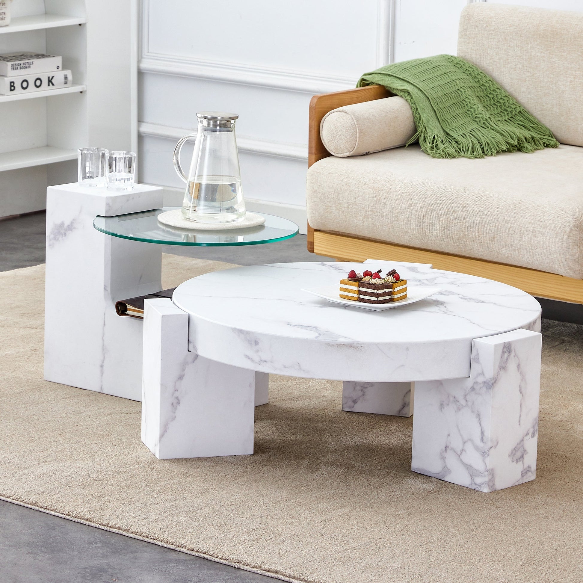 Meeker Modern 2PC Faux Marble Coffee & Side Table Set in White