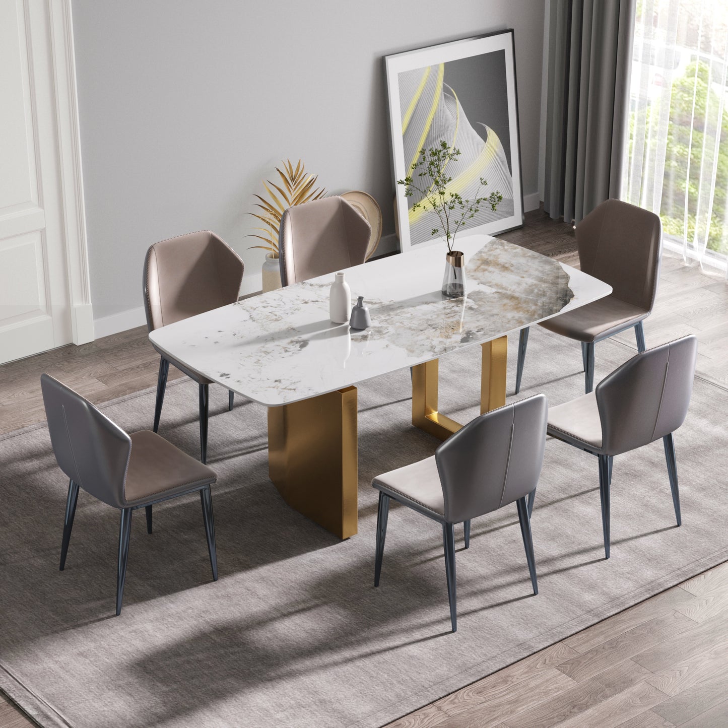 Elara Modern 70.8" Sintered Stone Dining Table, White & Gold