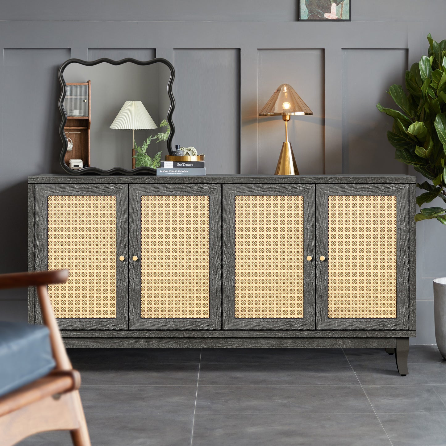 Bastian Mid-Century Modern Sideboard with Rattan Doors, Dark Gray