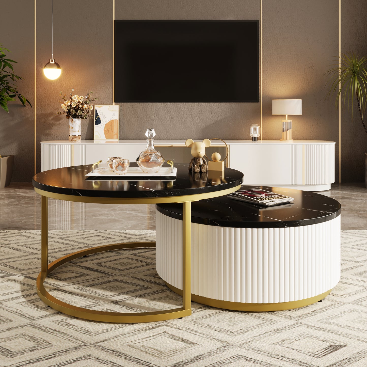 Maggie Modern Round Nesting Coffee Table Fluted with Drawer in Black & Gold in 31.5''