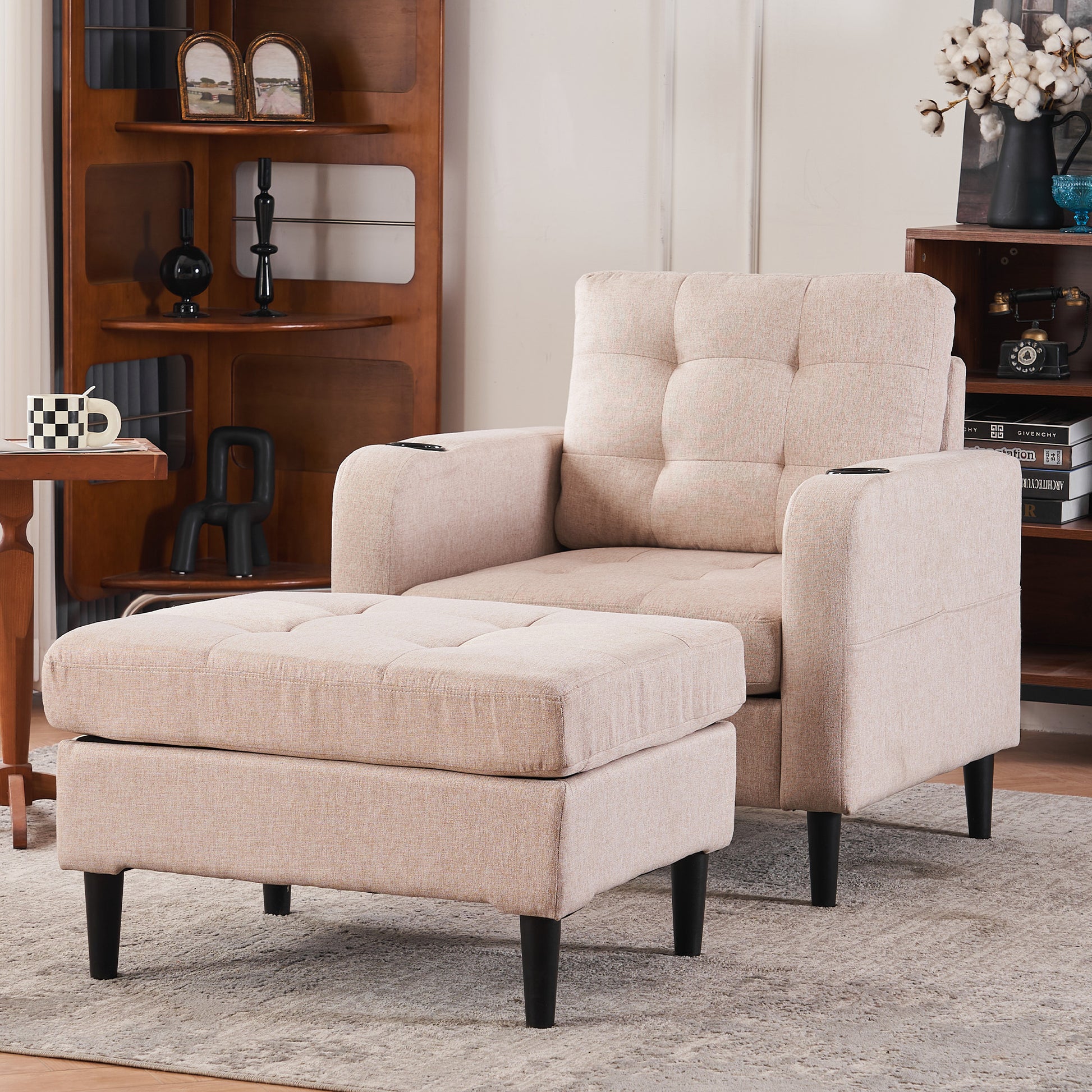 Xanthea Modern Tufted Chair & Storage Ottoman Set, Beige