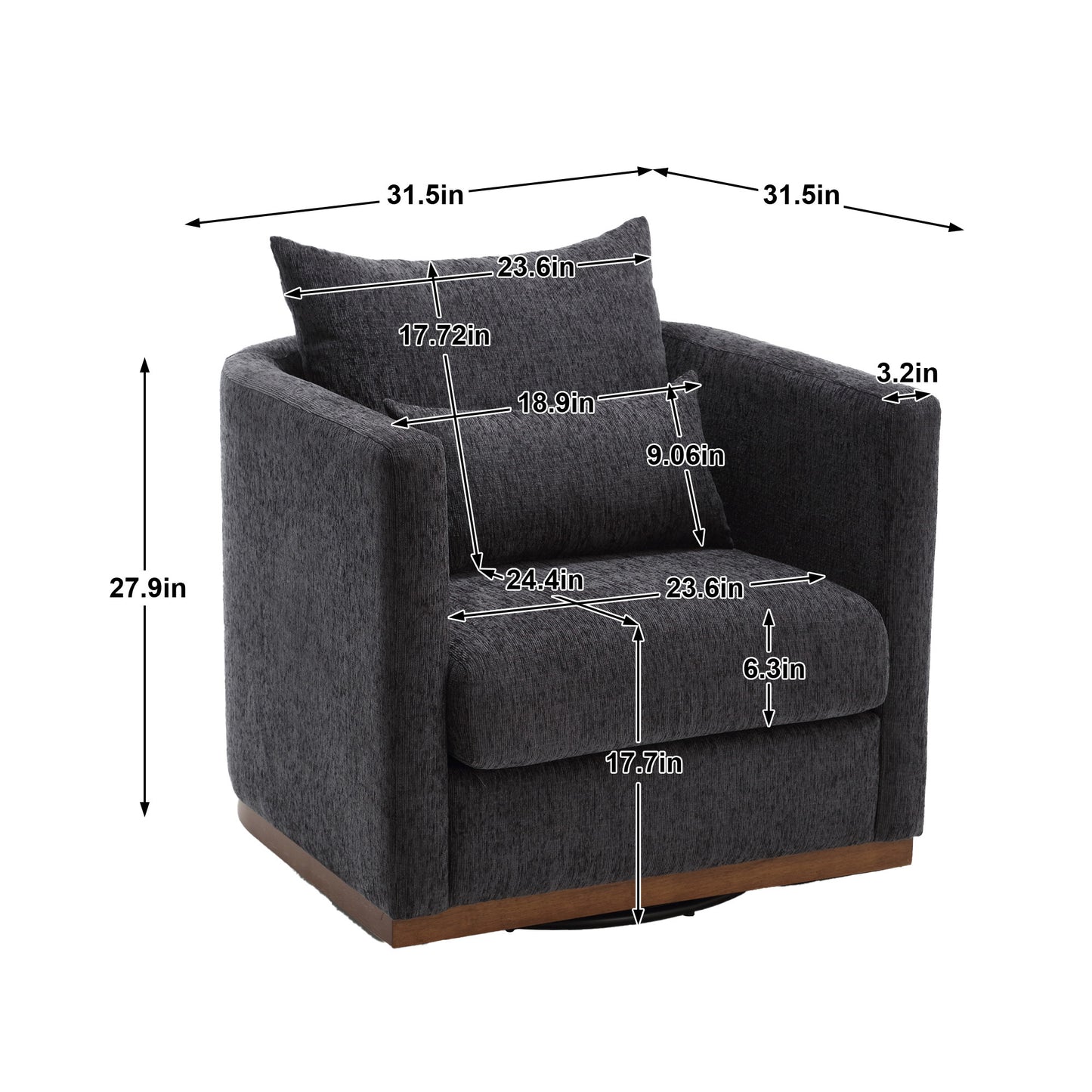 Coolmore Ultimate Comfort 360° Swivel Carbon Black Chenille Barrel Chair for Any Space