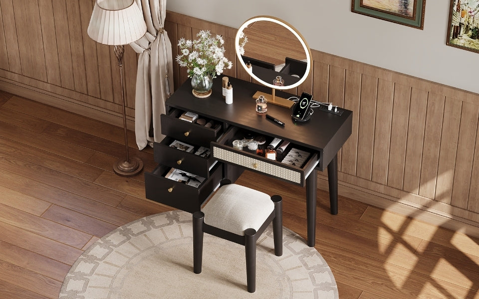 Jolene 39' Retro Bohemian Style Wooden Makeup Vanity Set, Black