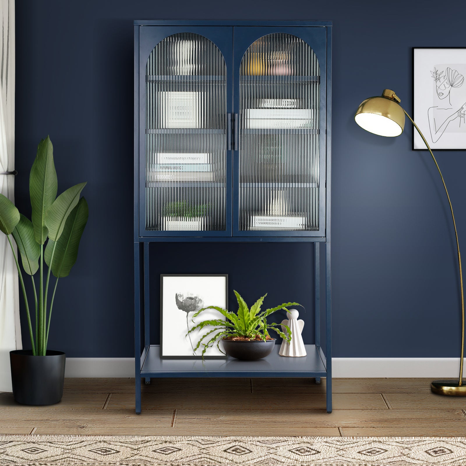 Zane Metal Arched Glass Door Cabinet, Blue