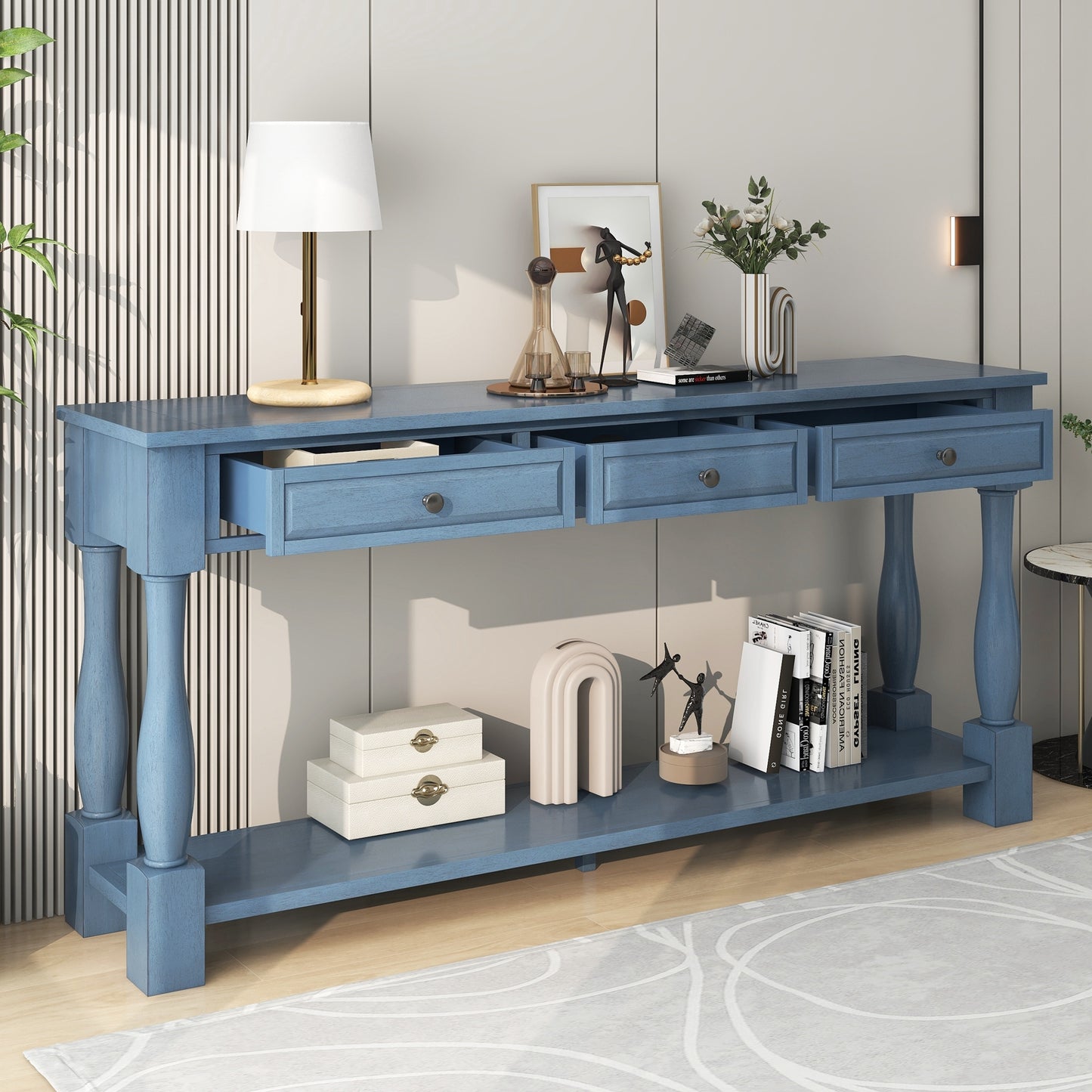 Xyla 63" Traditional 3-Drawer Console Table with Lower Shelf, Blue