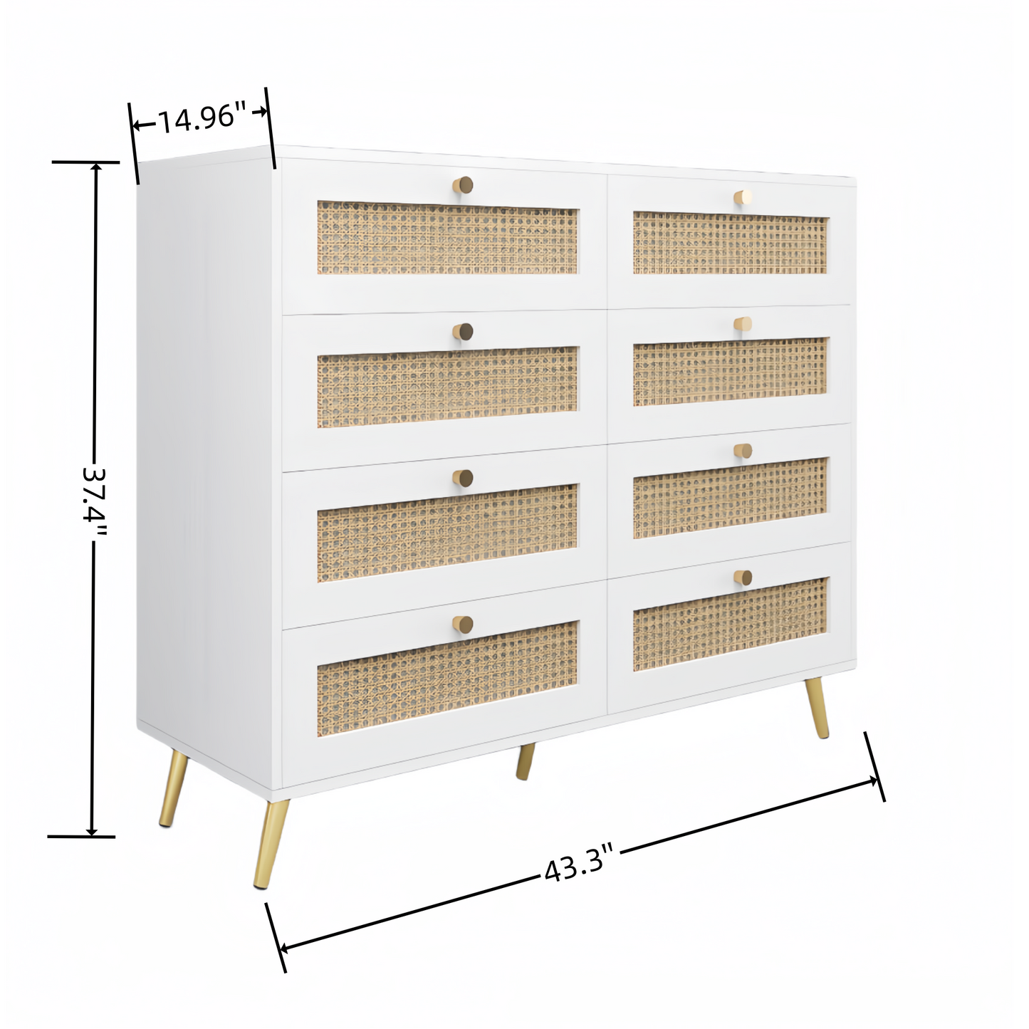 Whitney 8-Drawer Dresser with Rattan Drawer Fronts & Gold Legs