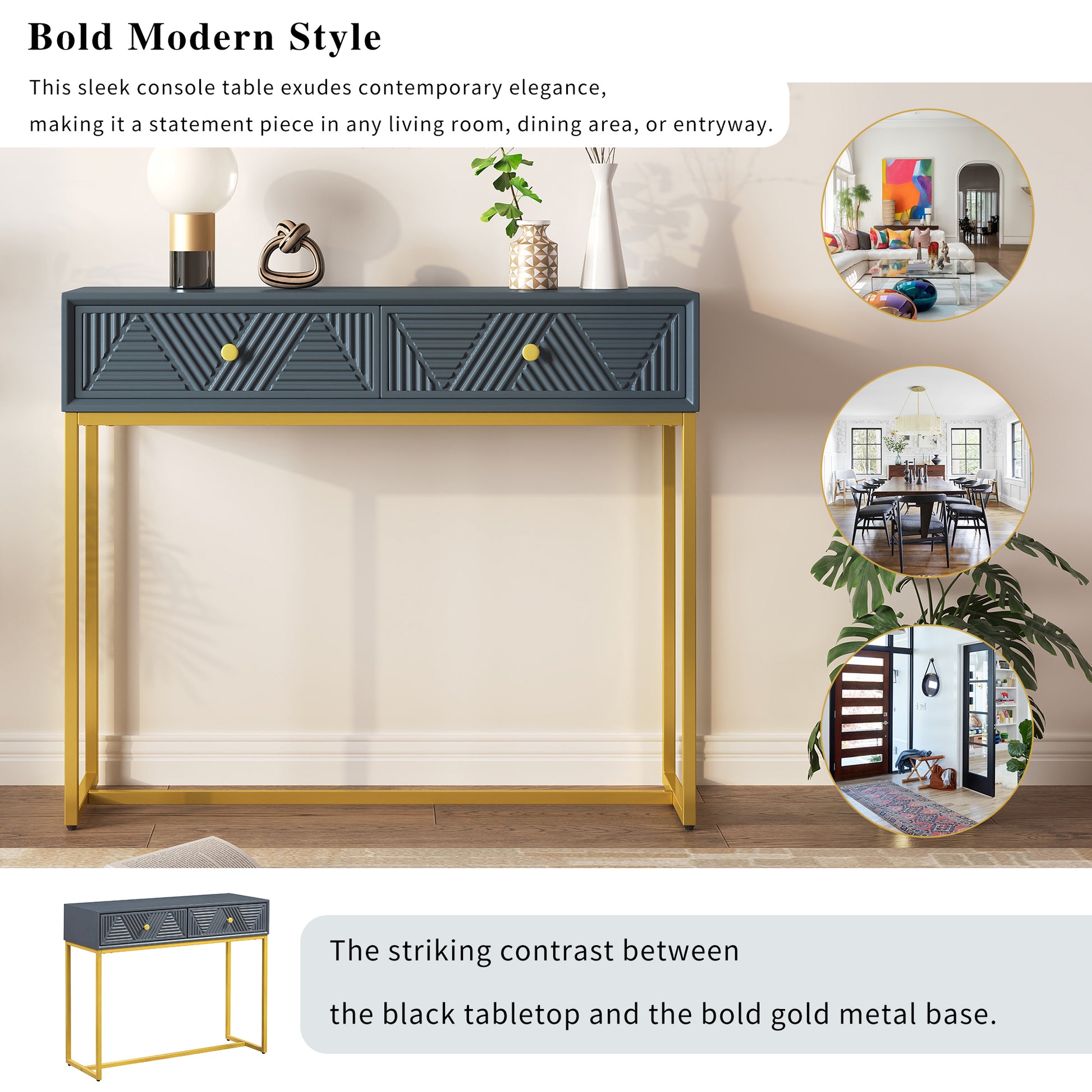 Jessalyn Modern 2-Drawer Console Table with Gold Legs, Gray