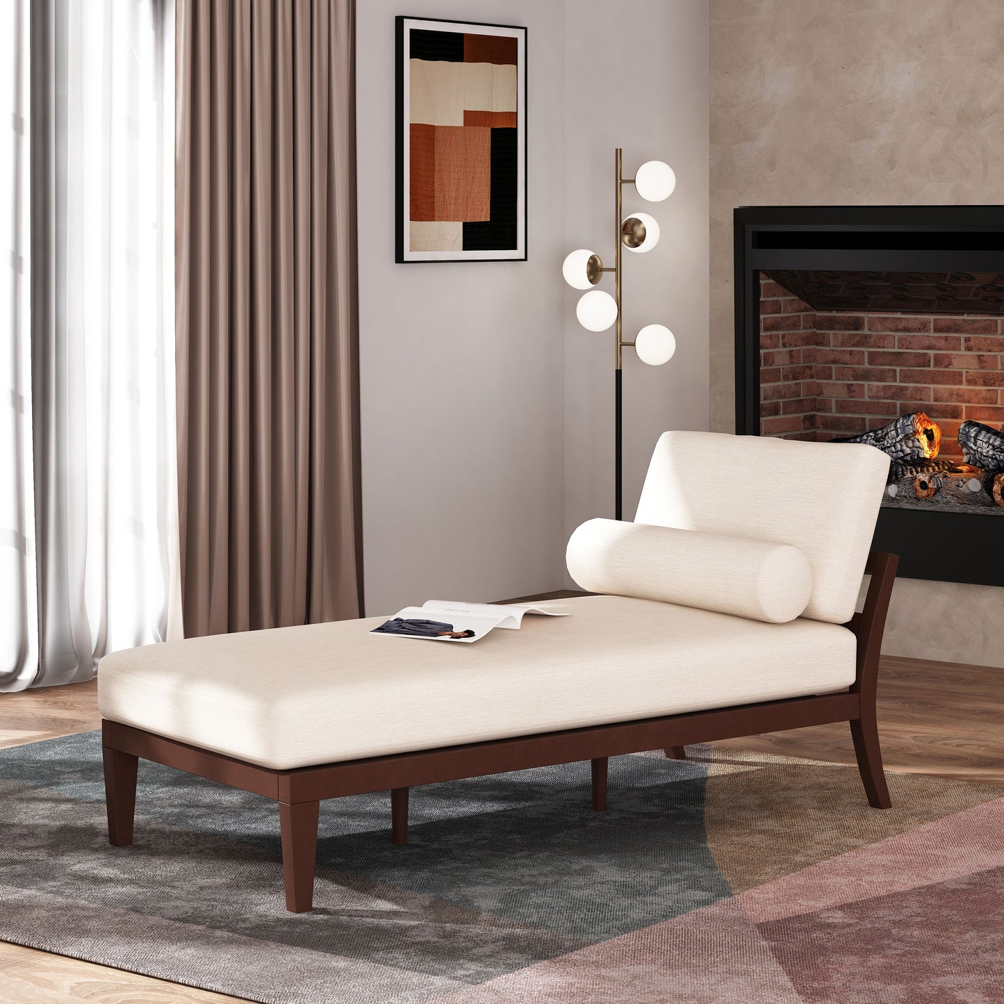 Lucille Mid-Century Modern Chaise Lounge, Beige & Brown