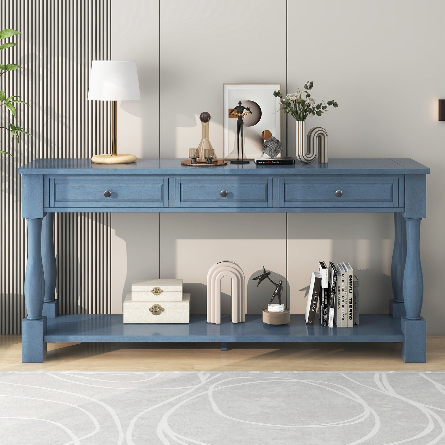 Xyla 63" Traditional 3-Drawer Console Table with Lower Shelf, Blue