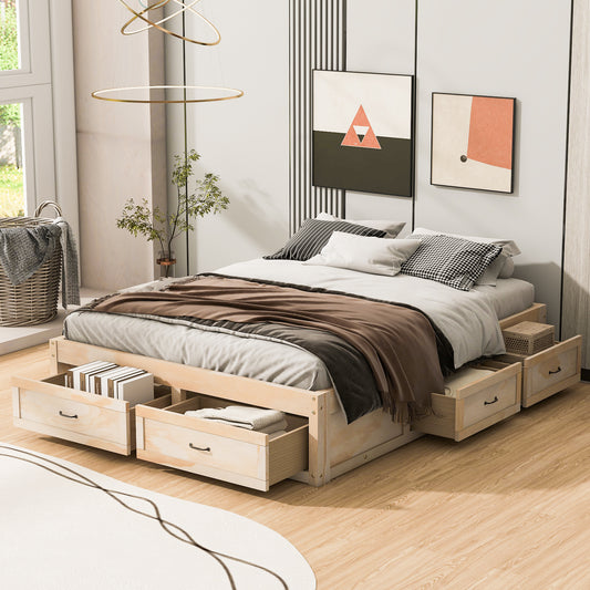 Nivara Queen Size Platform Bed with 6 Storage Drawers,Antique Natural