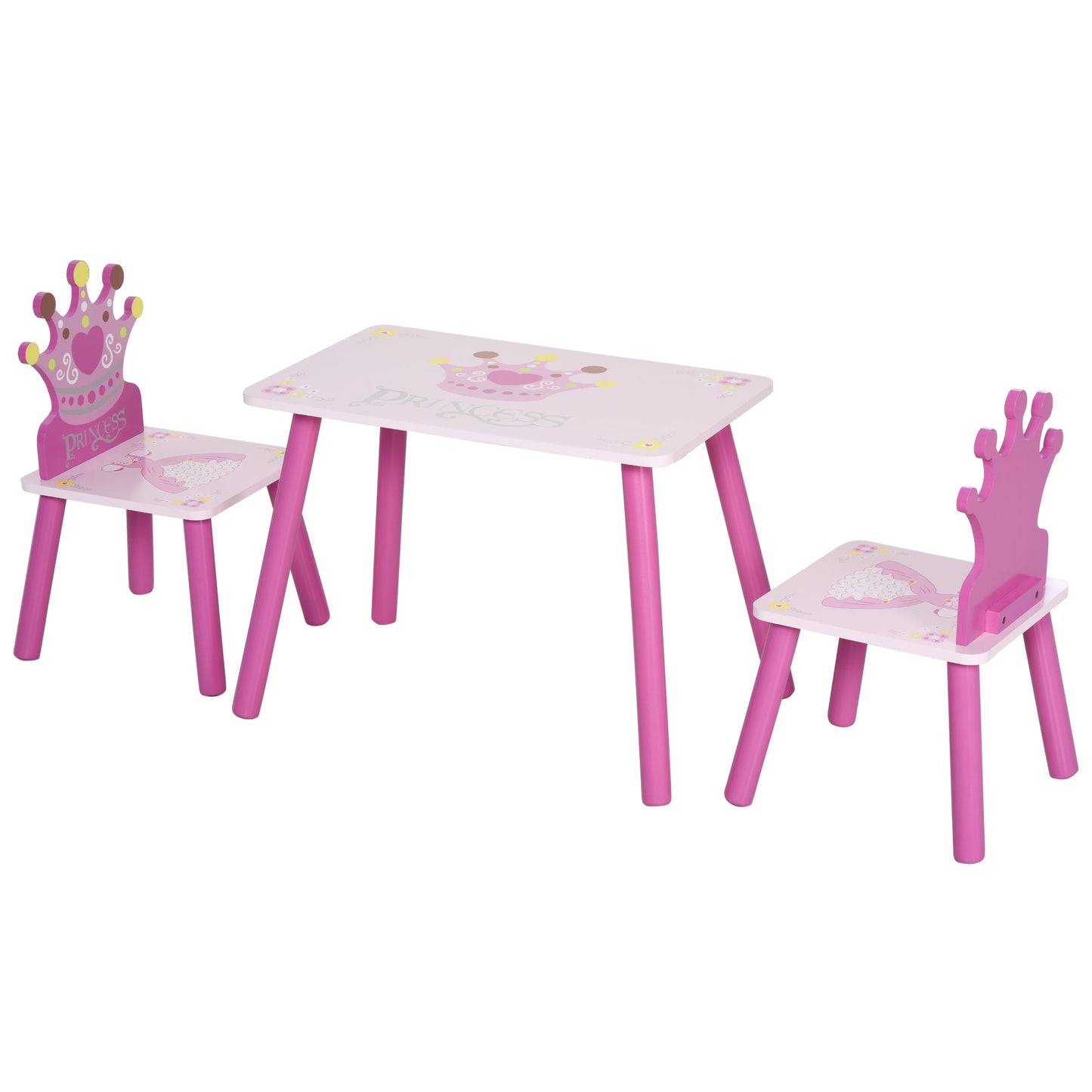 Qaba 3-Piece Kids Wooden Table and Chair Set with Crown Pattern