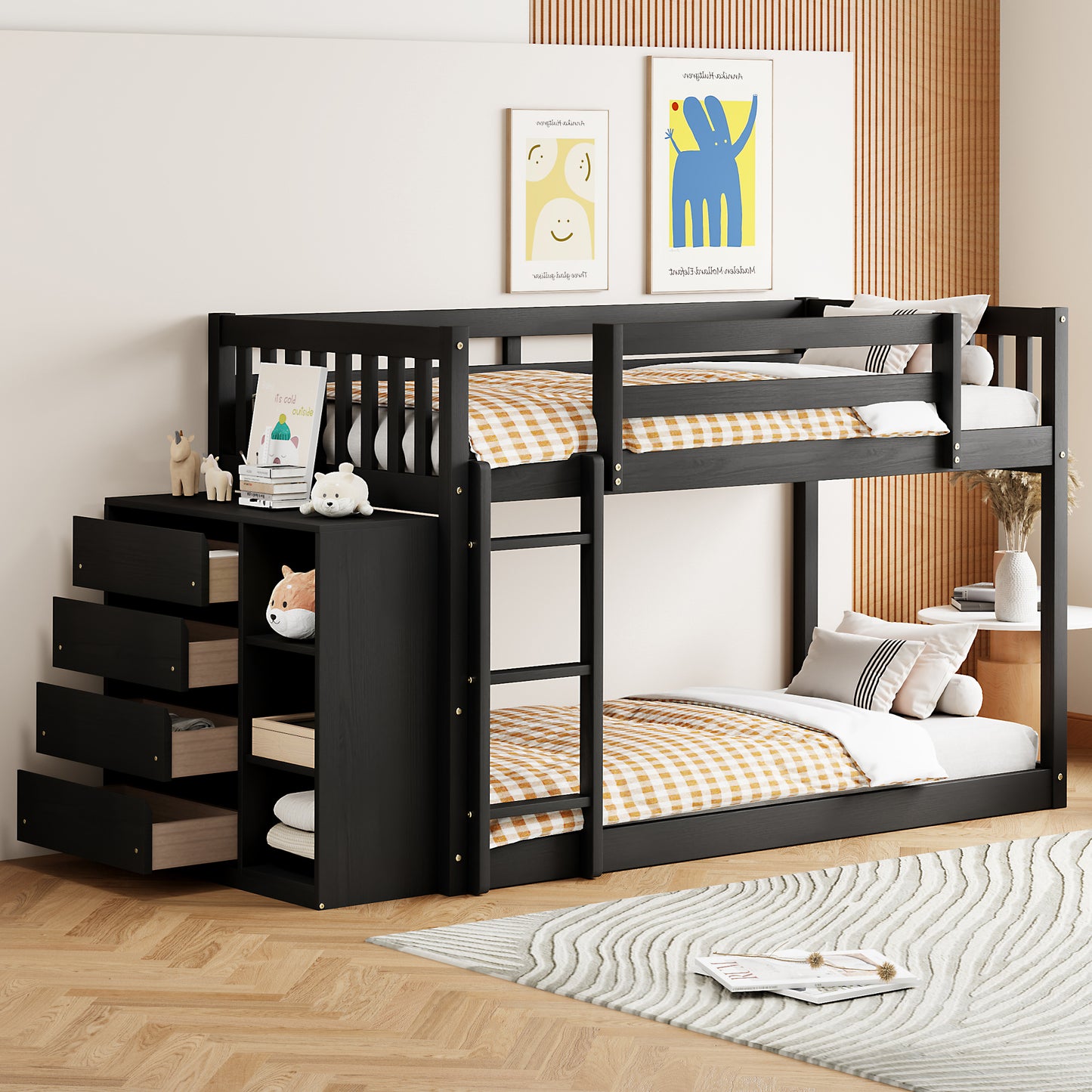 Rachel Twin over Twin Bunk Bed with 4 Drawers and 3 Shelves-Espresso