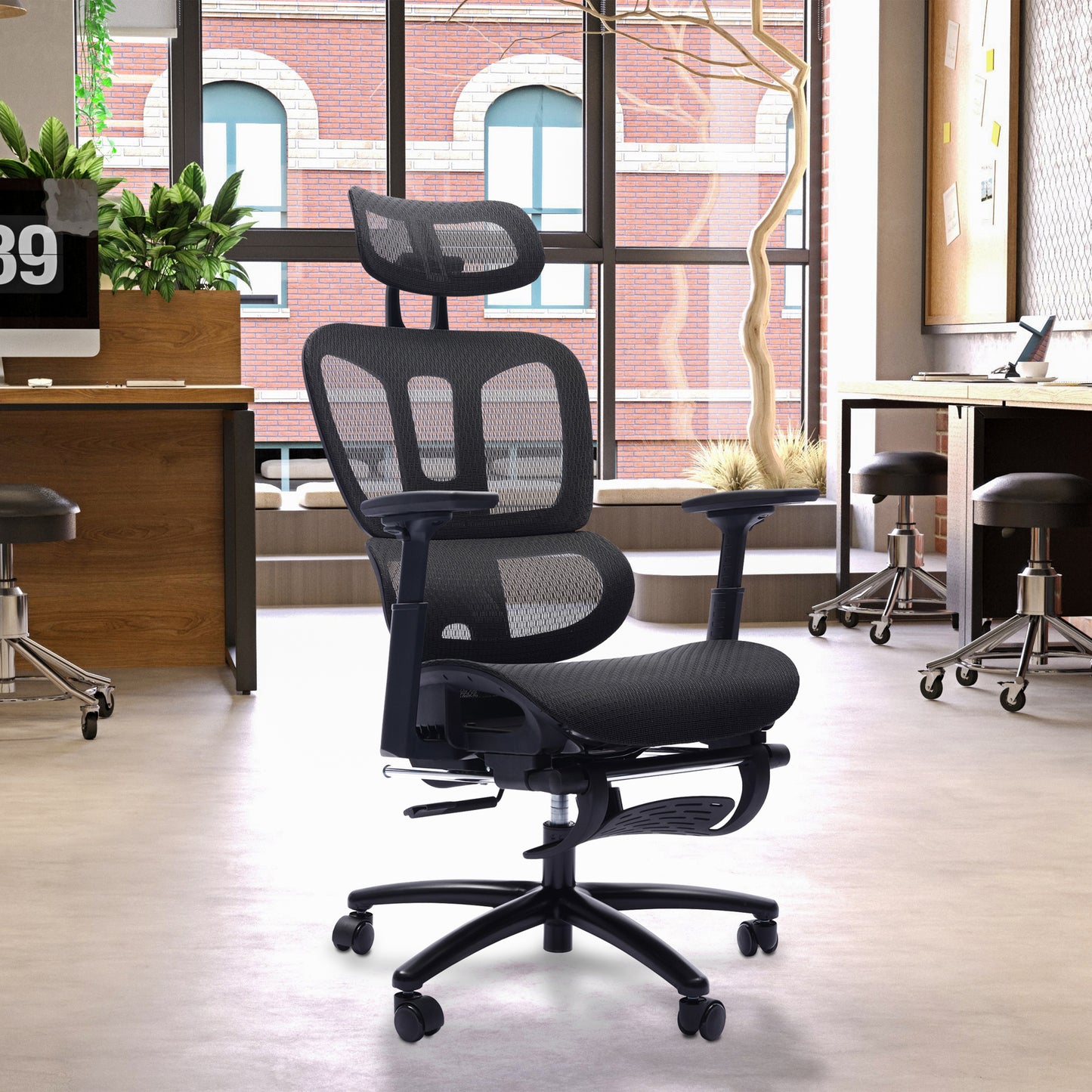 Adjustable Ergonomic Black Mesh Office Chair with Headrest and Footrest, Conference/Computer Desk Chair