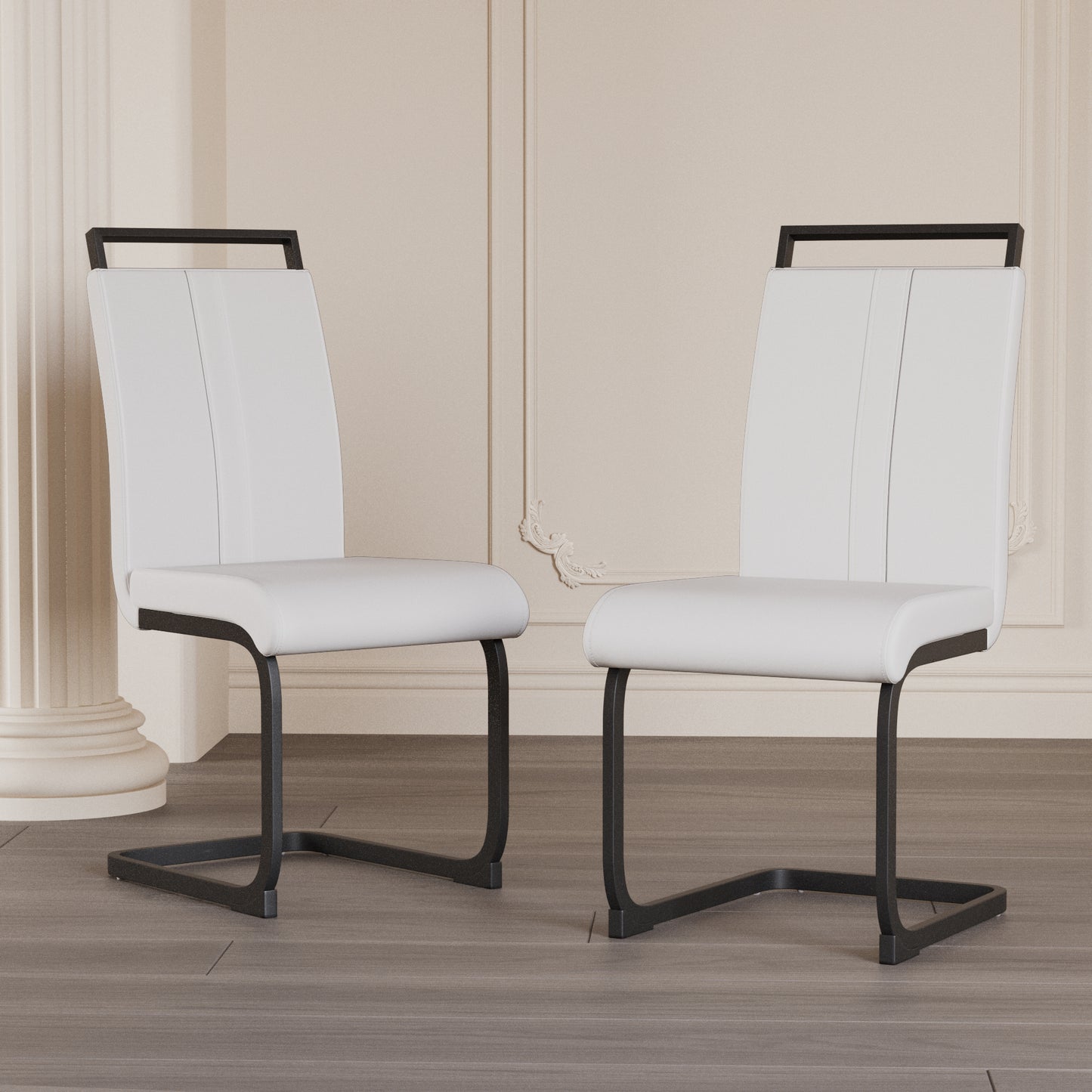 Astrid Modern PU Leather Side Chairs with Black Legs Set of 2 , White