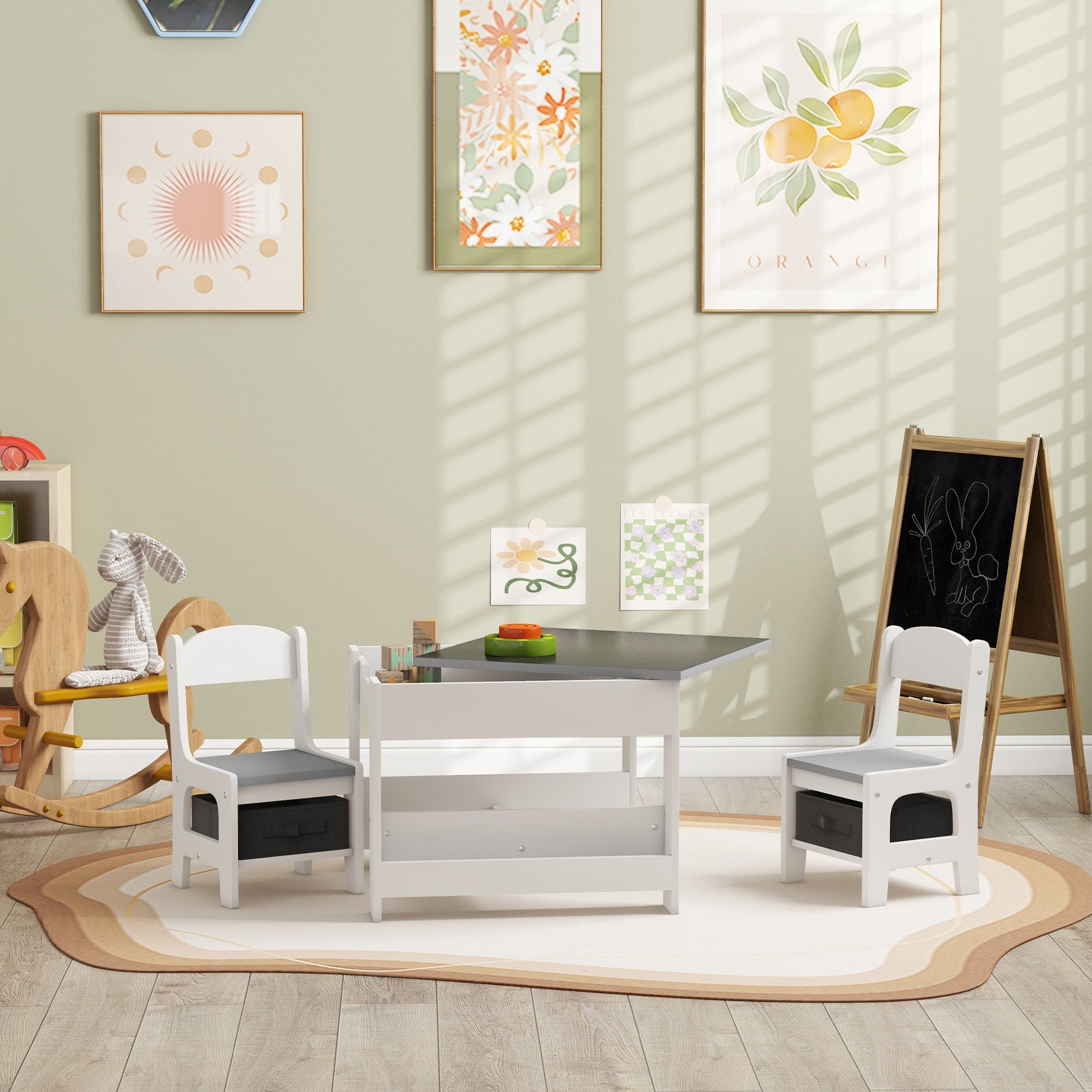 Jason 3 Piece Kids Table and Chair Set with Reversible Blackboard Top, White