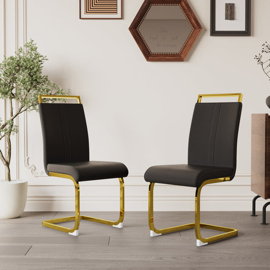 Astrid Modern PU Leather Side Chairs with Gold Legs Set of 2 , Black