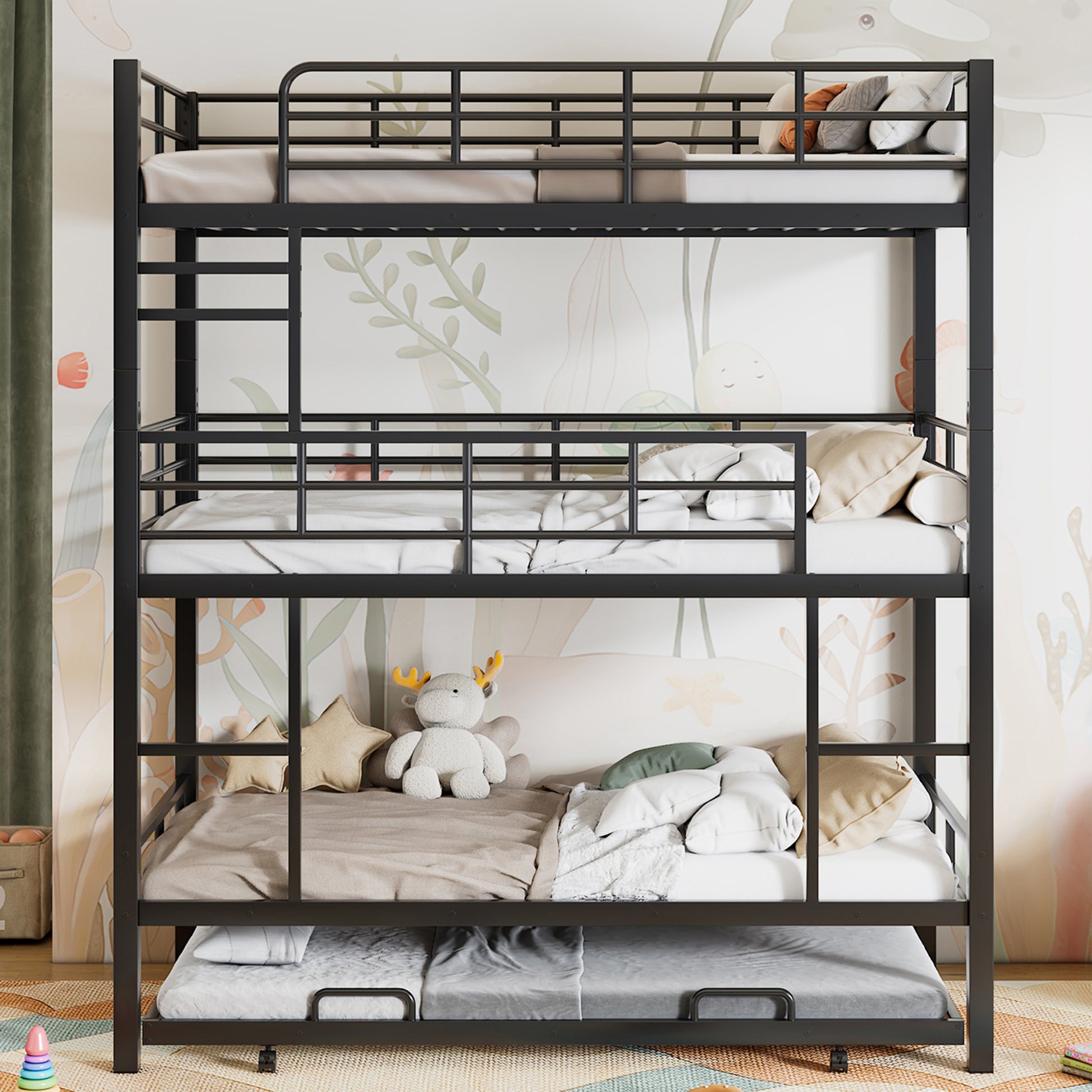 Emily Metal Twin Size Triple Bunk Bed With Trundle, Black