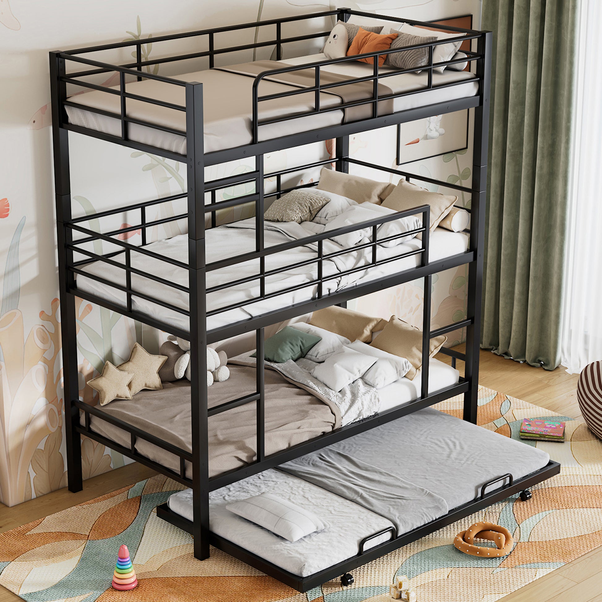 Emily Metal Twin Size Triple Bunk Bed With Trundle, Black