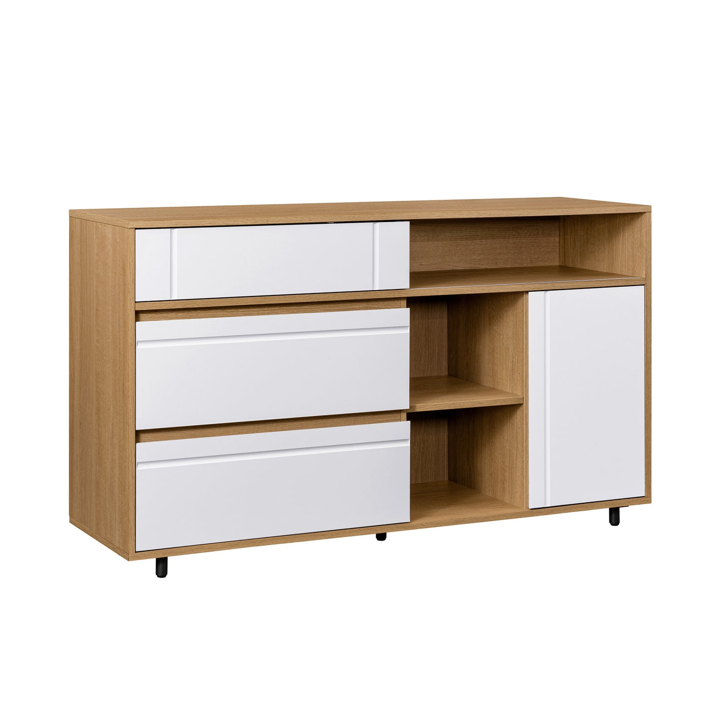 Lennox Mid-Century Modern Sideboard with Open Storage – Coastal Oak / Solid White