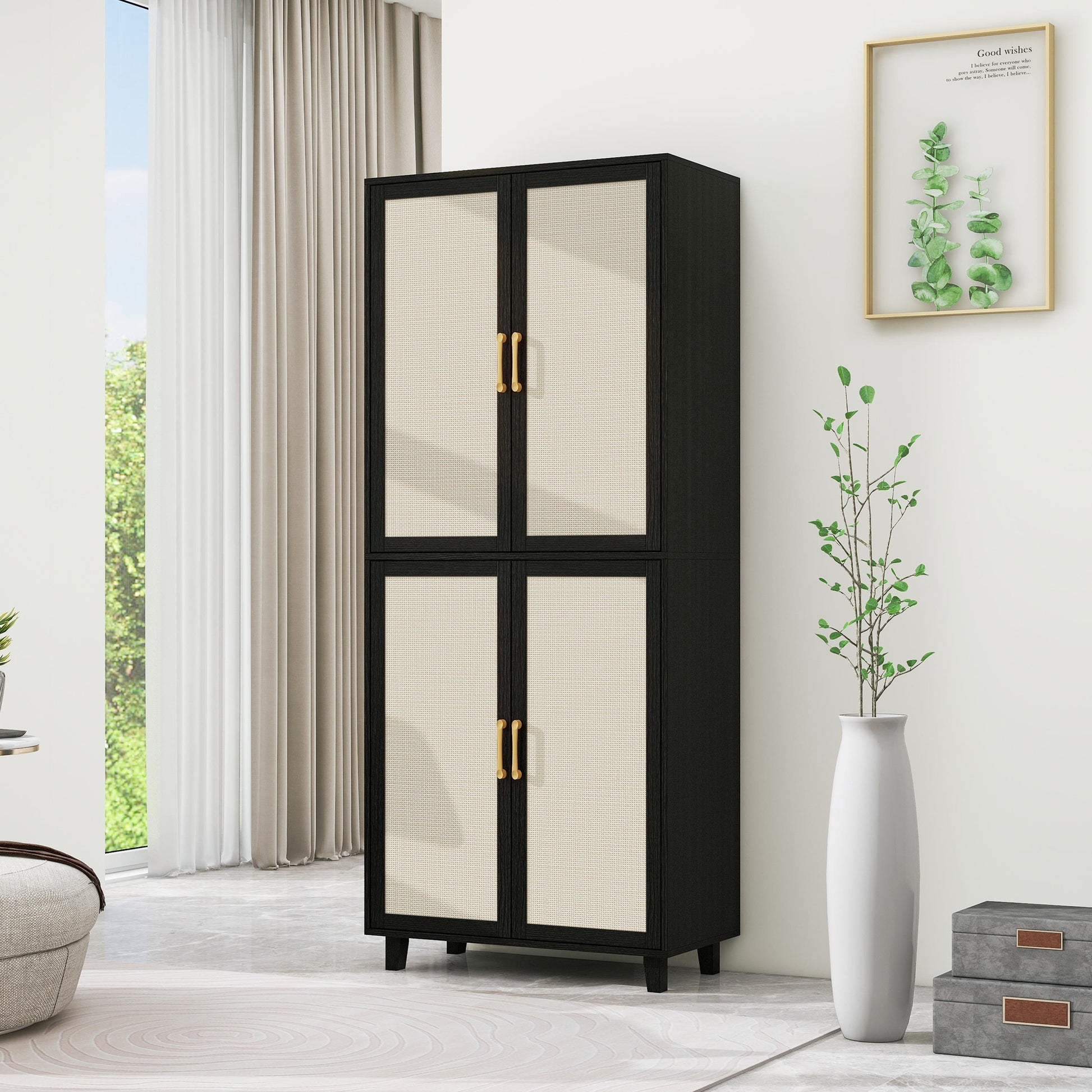 Owen 4-Door Cabinet in Black with Natural Rattan Fronts