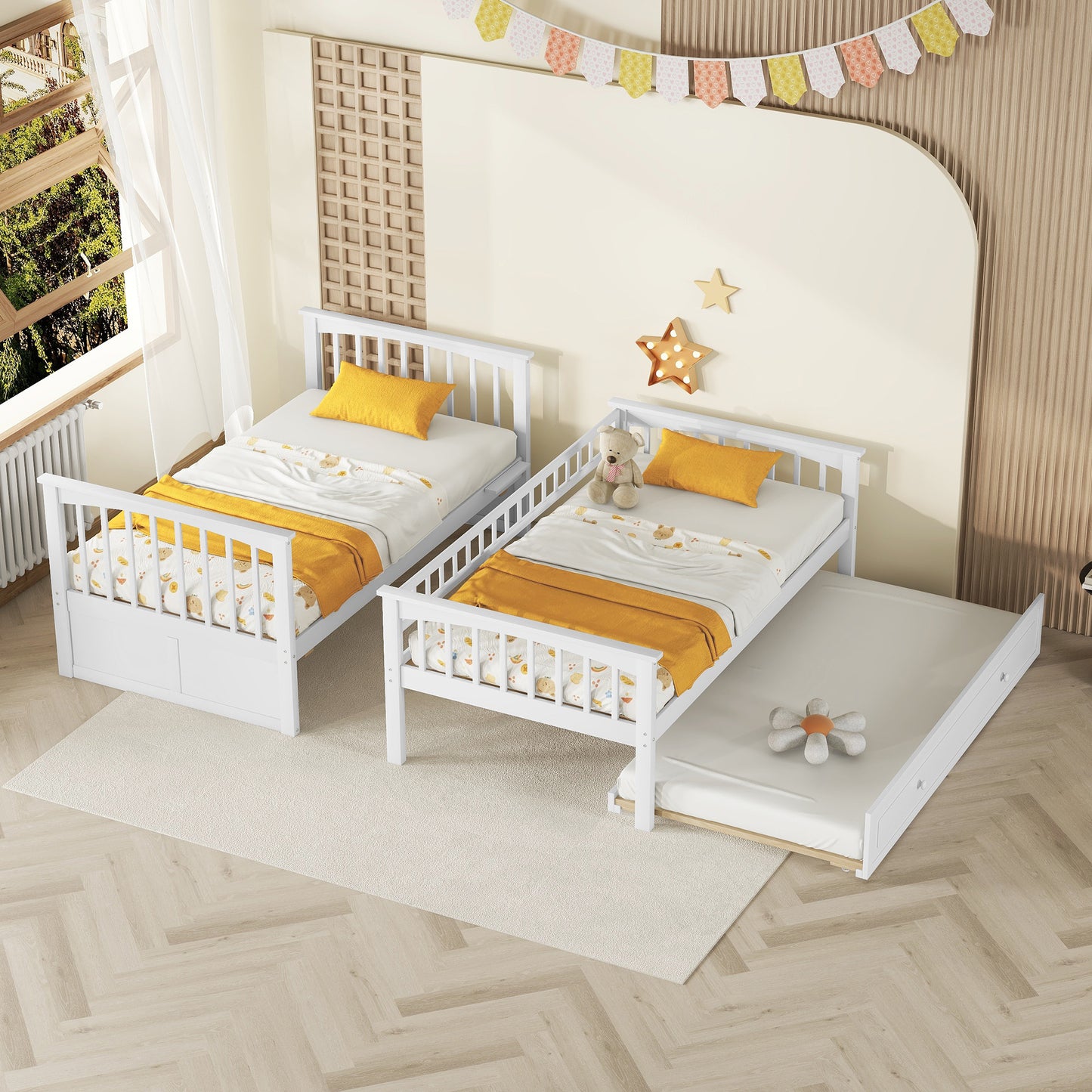 Carter Twin over Twin Bunk Bed with Twin Size Trundle, Convertible Beds, White