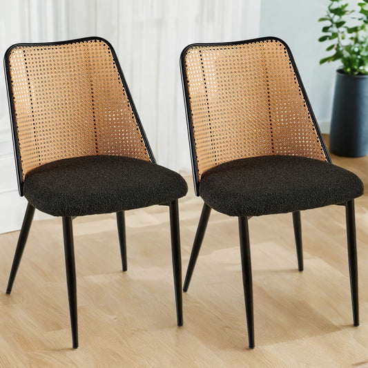 Fallon Modern Rattan Back Side Chairs with Black Boucle Seat Set of 2