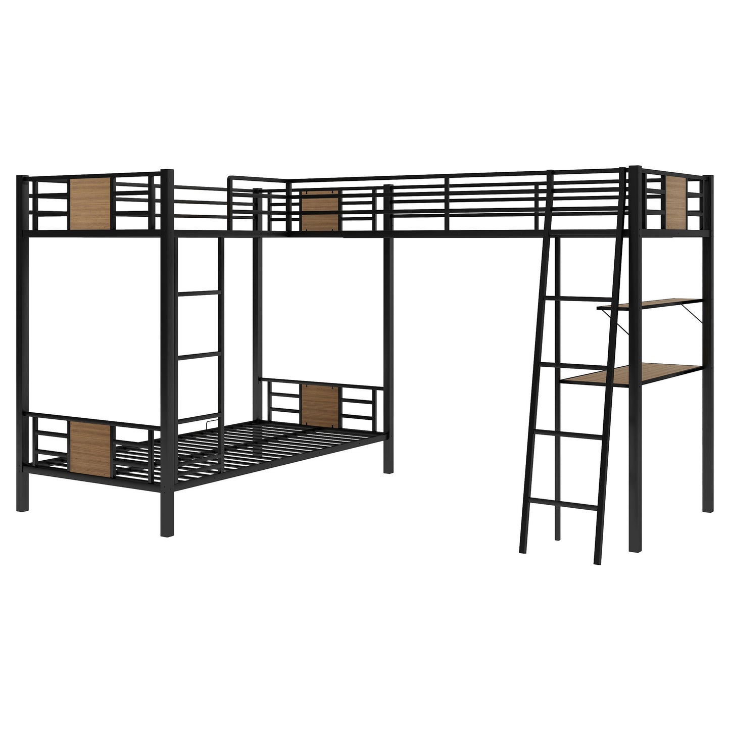 Roberto L-Shaped Twin over Twin Bunk Bed with Twin Size Loft Bed with Desk and Shelf ,Brown