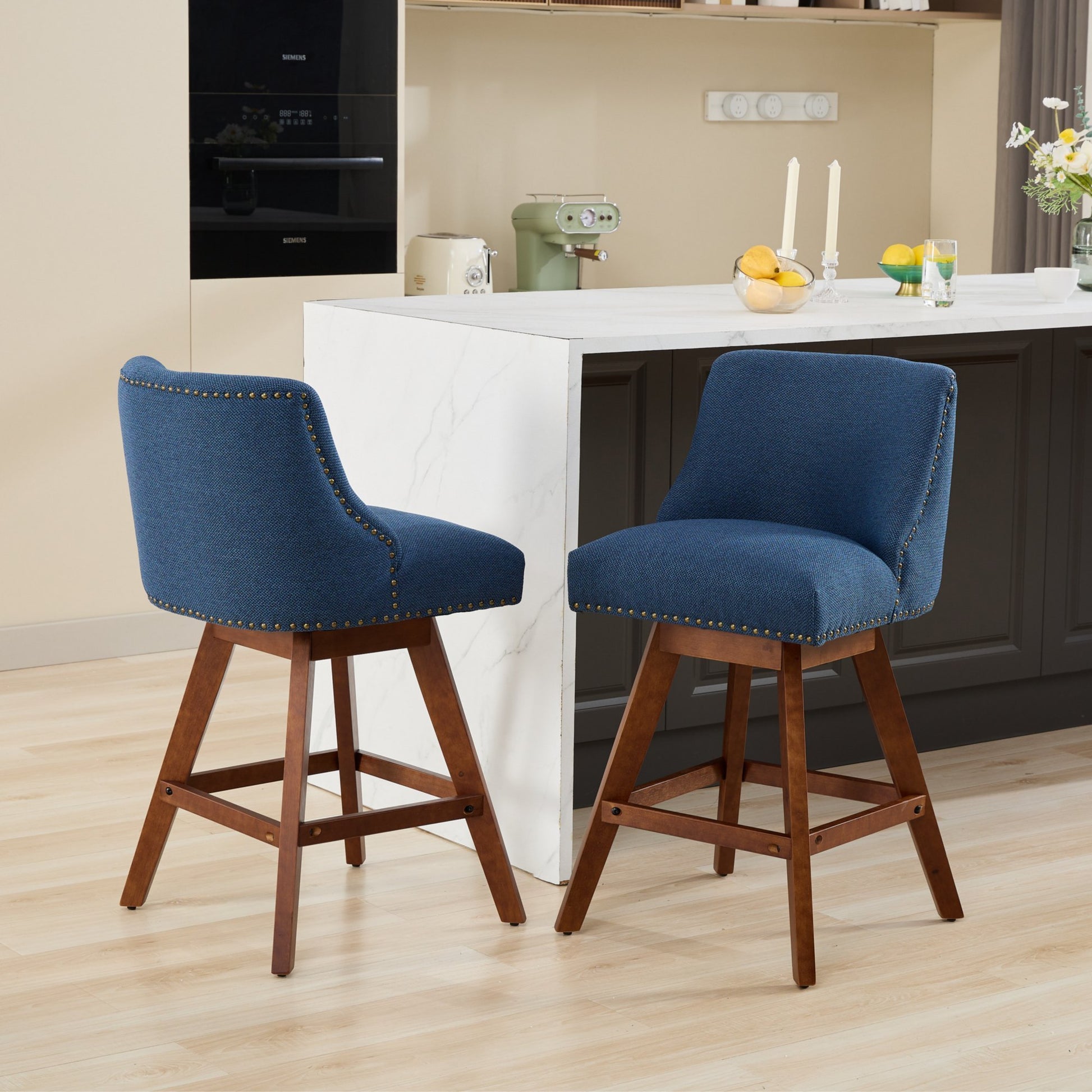 Counter Height Swivel Barstools, 26'' H Seat Height Upholstered Bar Stools Set of 2, Fabric in Blue