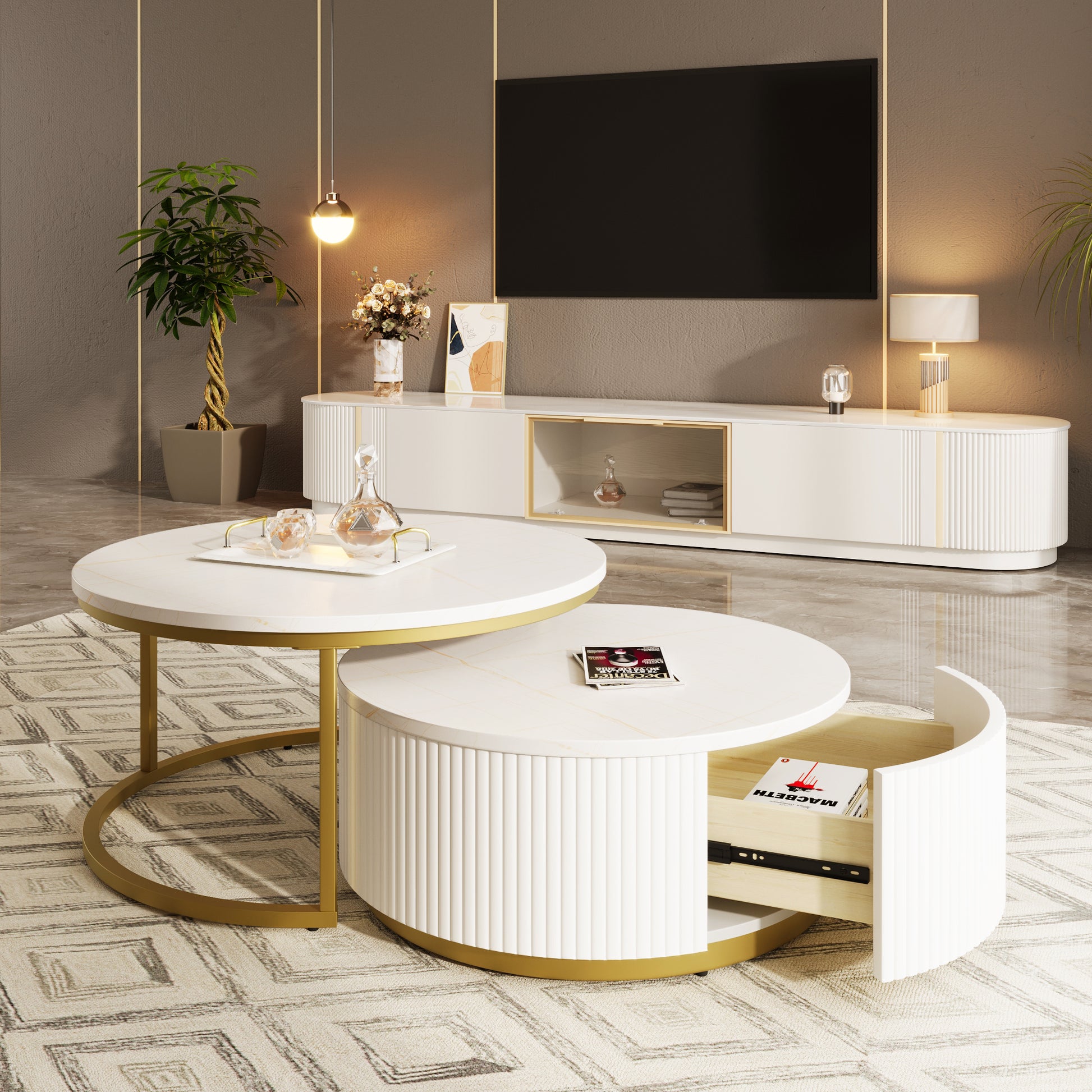 Maggie Modern Round Nesting Coffee Table Fluted with Drawer in White & Gold in 31.5''