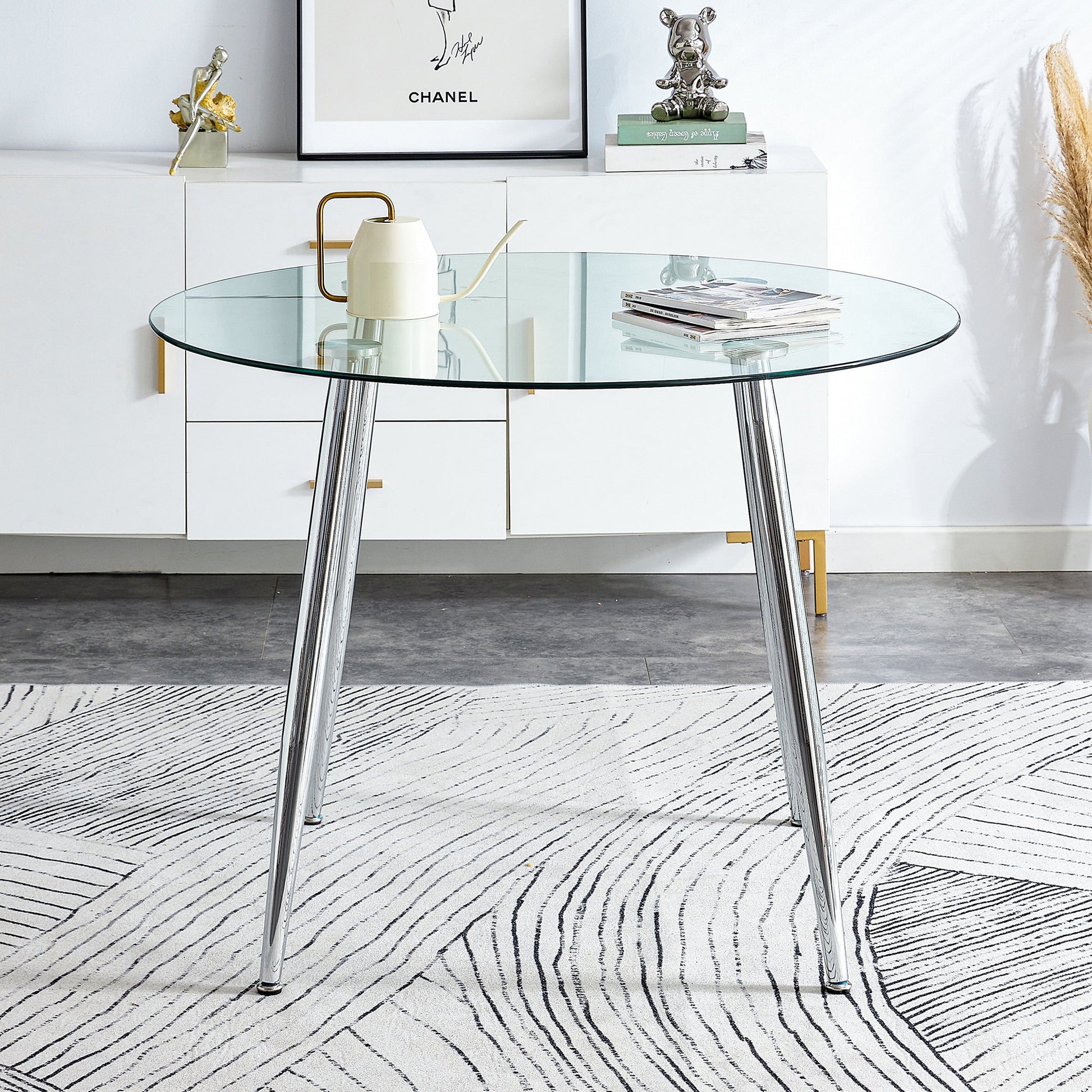 Carson Modern Round Glass Top Dining Table with Silver Legs