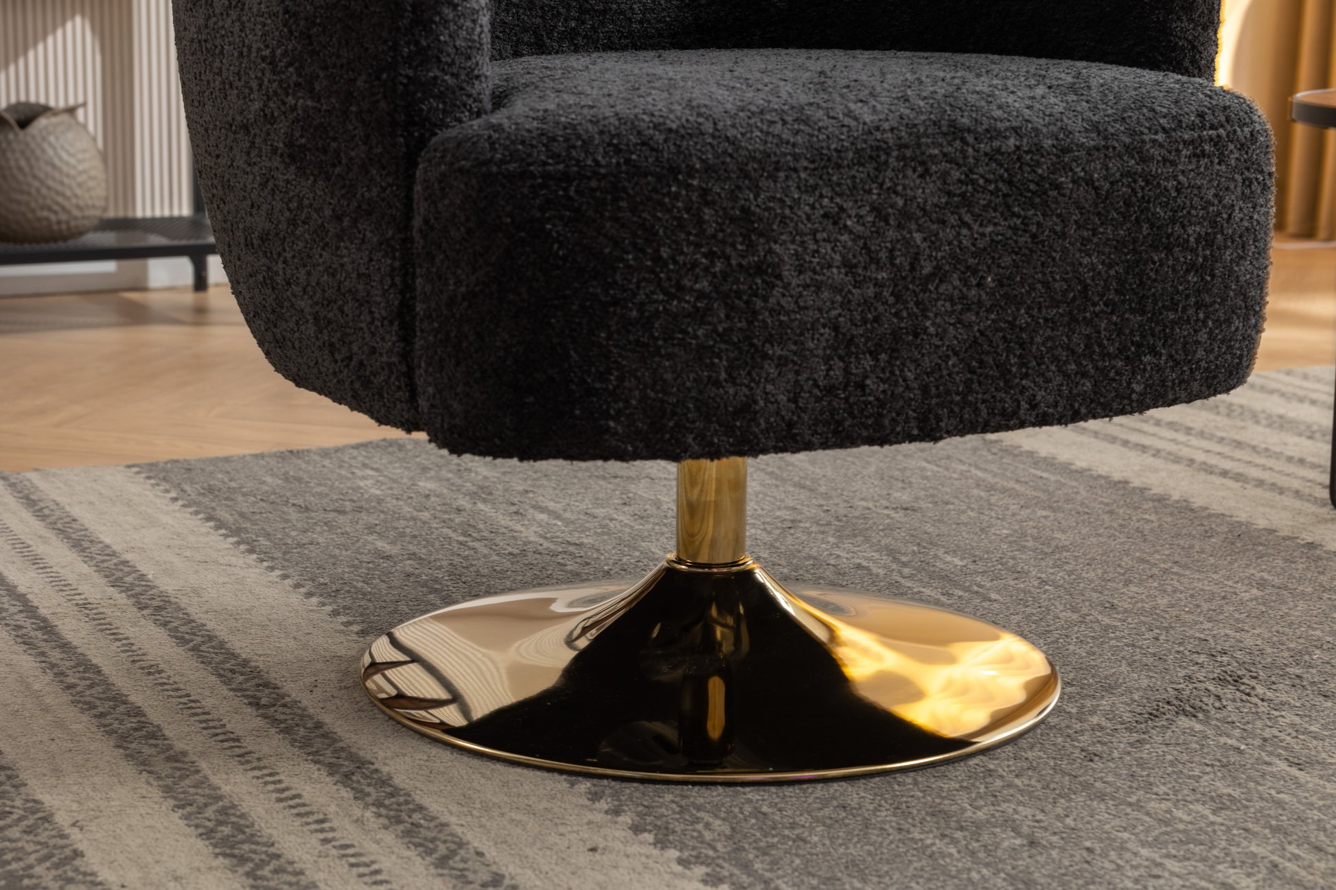 Chenille Fabric Black Accent Swivel Chair With Gold Metal Round Base